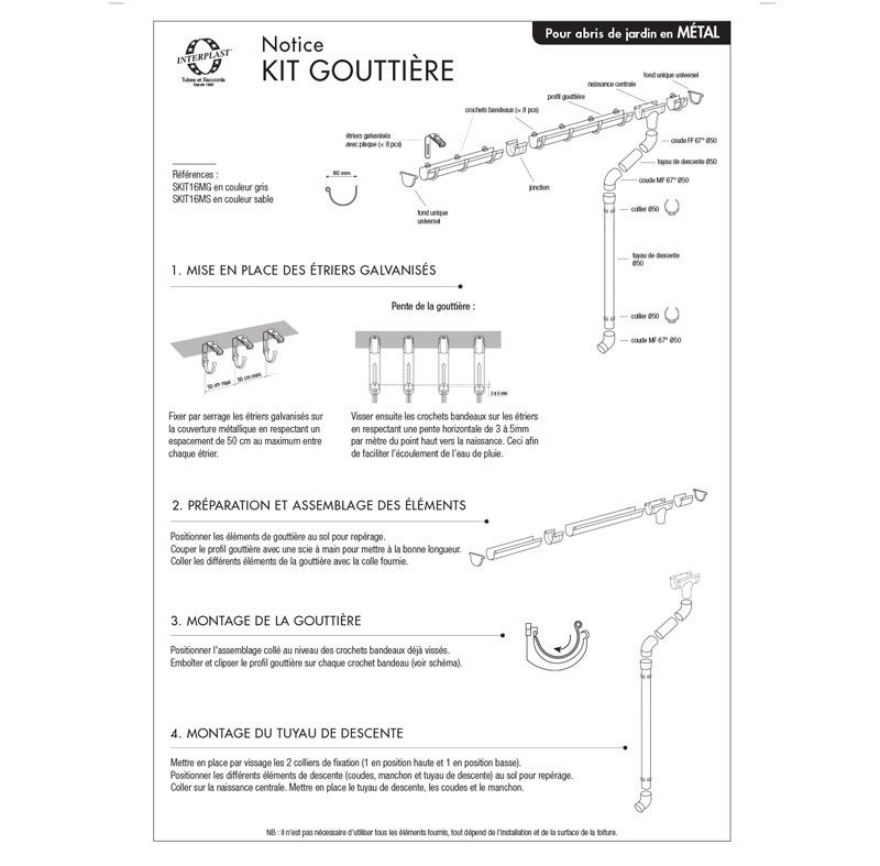 Kit gouttière pour abri de jardin en métal dév.160 gris - Fitt - Gris - PVC - 3