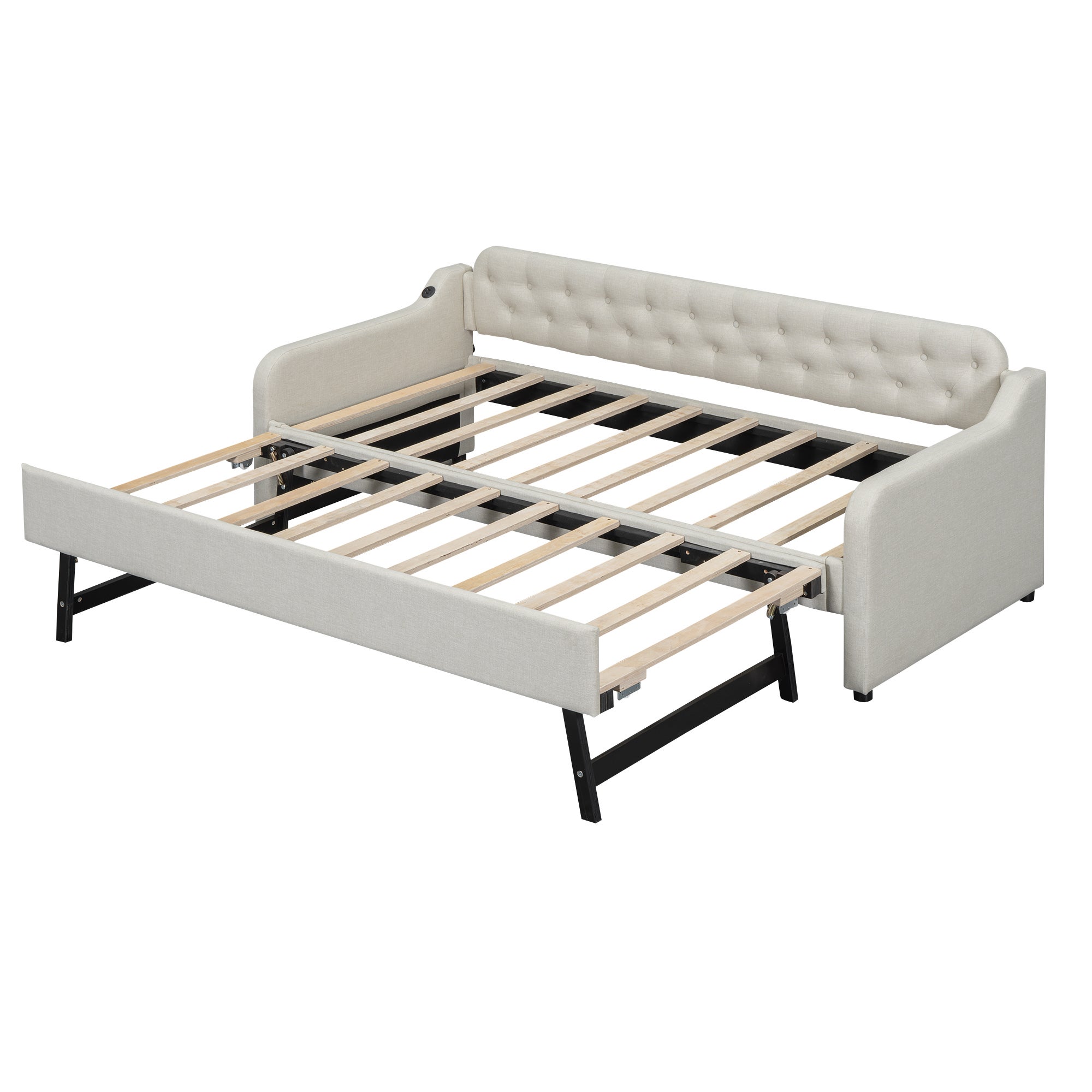 Lit gigogne 90x200cm - avec Port USB - tissu en Lin - Beige - 9