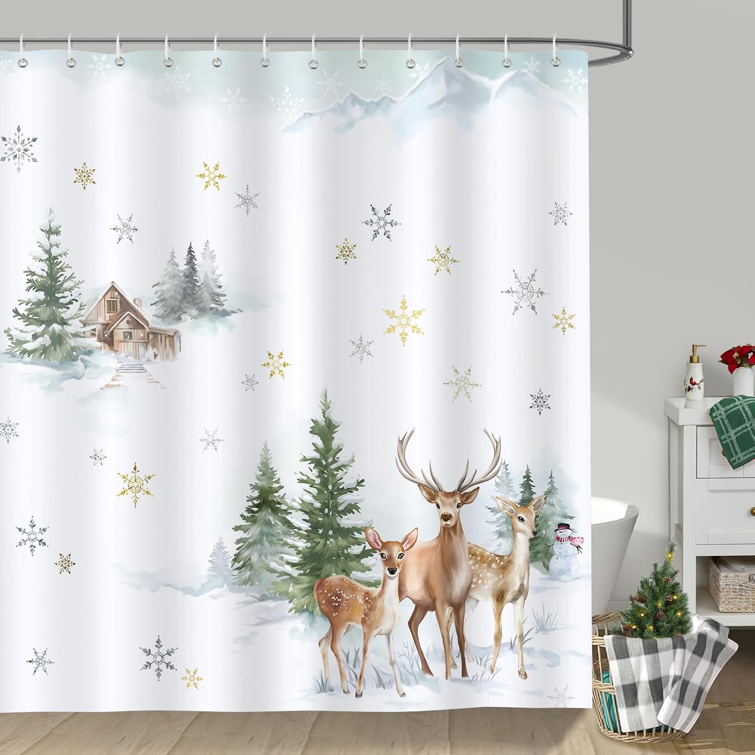 Zasłona łazienkowa Snow Christmas z poliestru, wodoodporna, zmywalna, antypleśniowa, 200 x 180 cm, z 12 haczykami