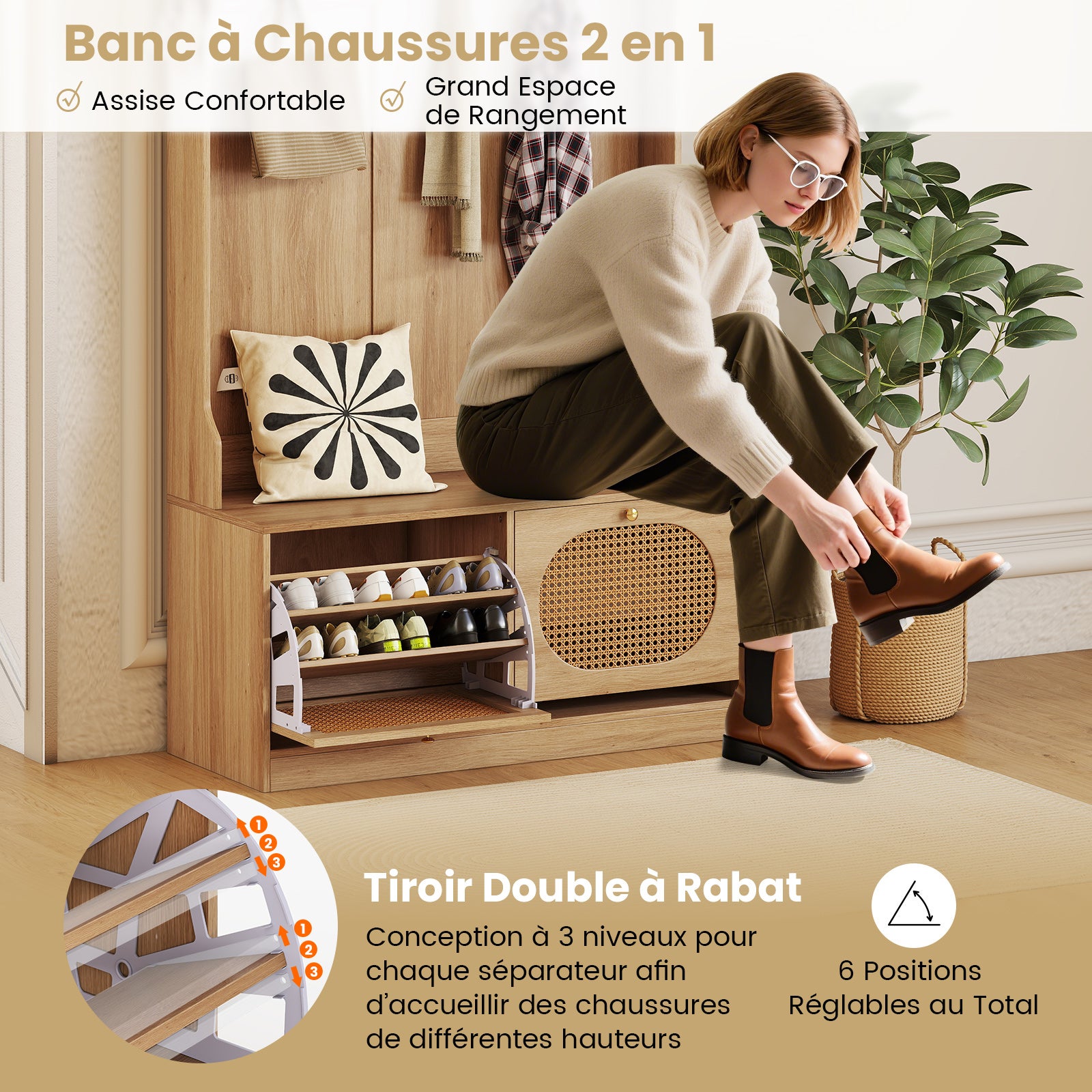 Porte-manteau d'Entrée 4 en 1, avec Banc, Tiroirs à Abattants, 6 Crochets Doubles et Portes en Rotin Synthétique, 101,5 x 40 x 180 cm, Naturel - 4