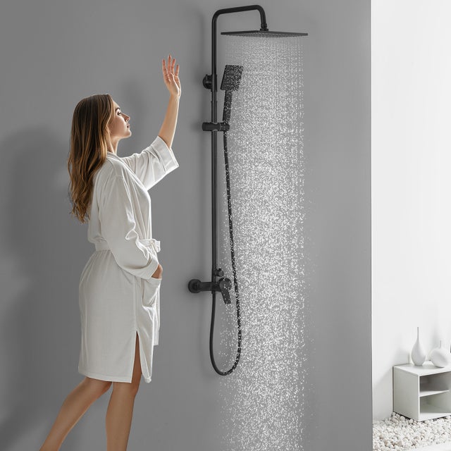 Colonne de douche Noir Interrupteur à poignée Ensemble de douche avec 25.4*25.4cm douche de tête Douchette à main Carré pour Salle de Bain