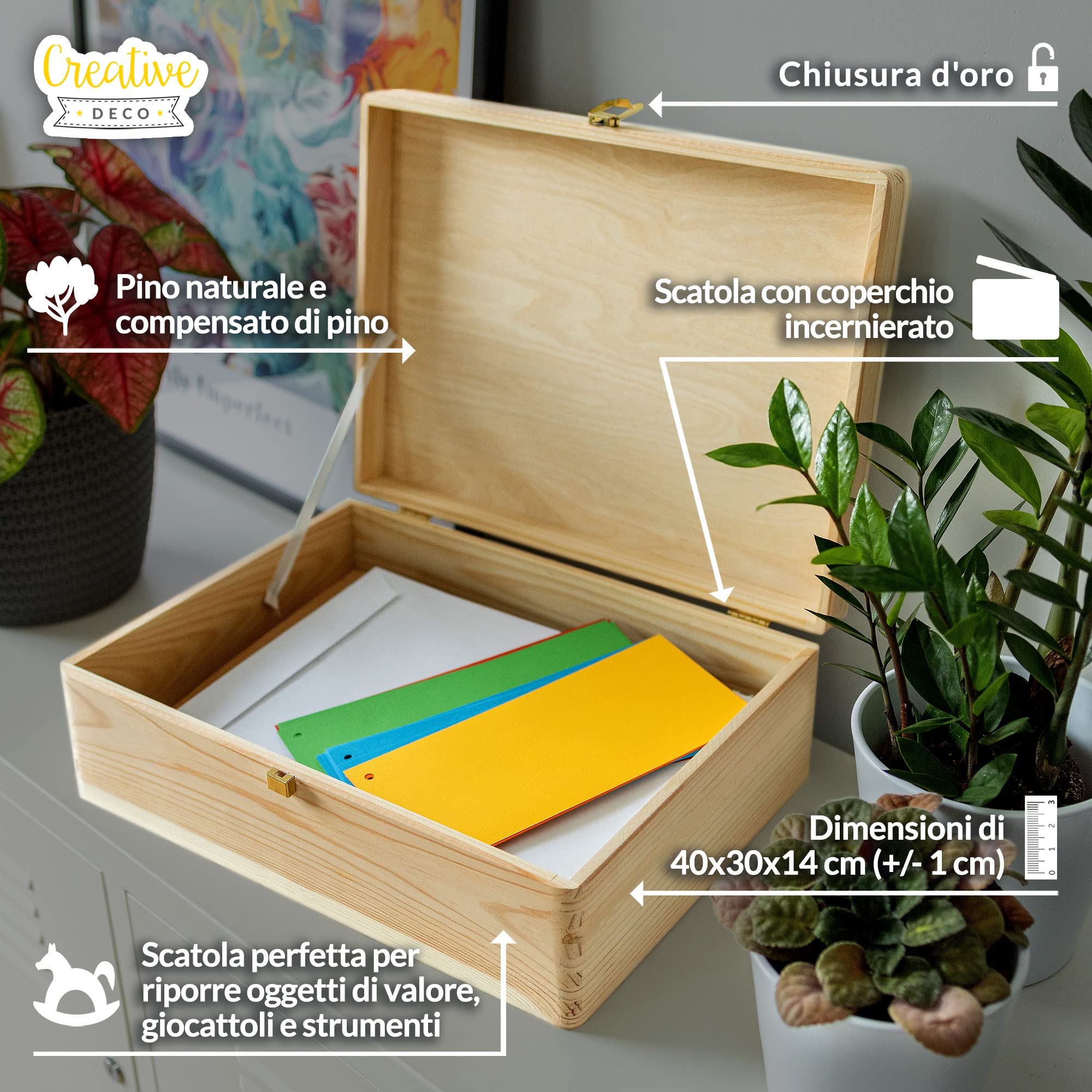 Creative Deco Boite de Rangement en Bois avec Fermoir | 40 x 30 x 14 cm (+/- 1 cm) | Non Peint et Brut | Coffre de Rangement | Boite en Bois - 8