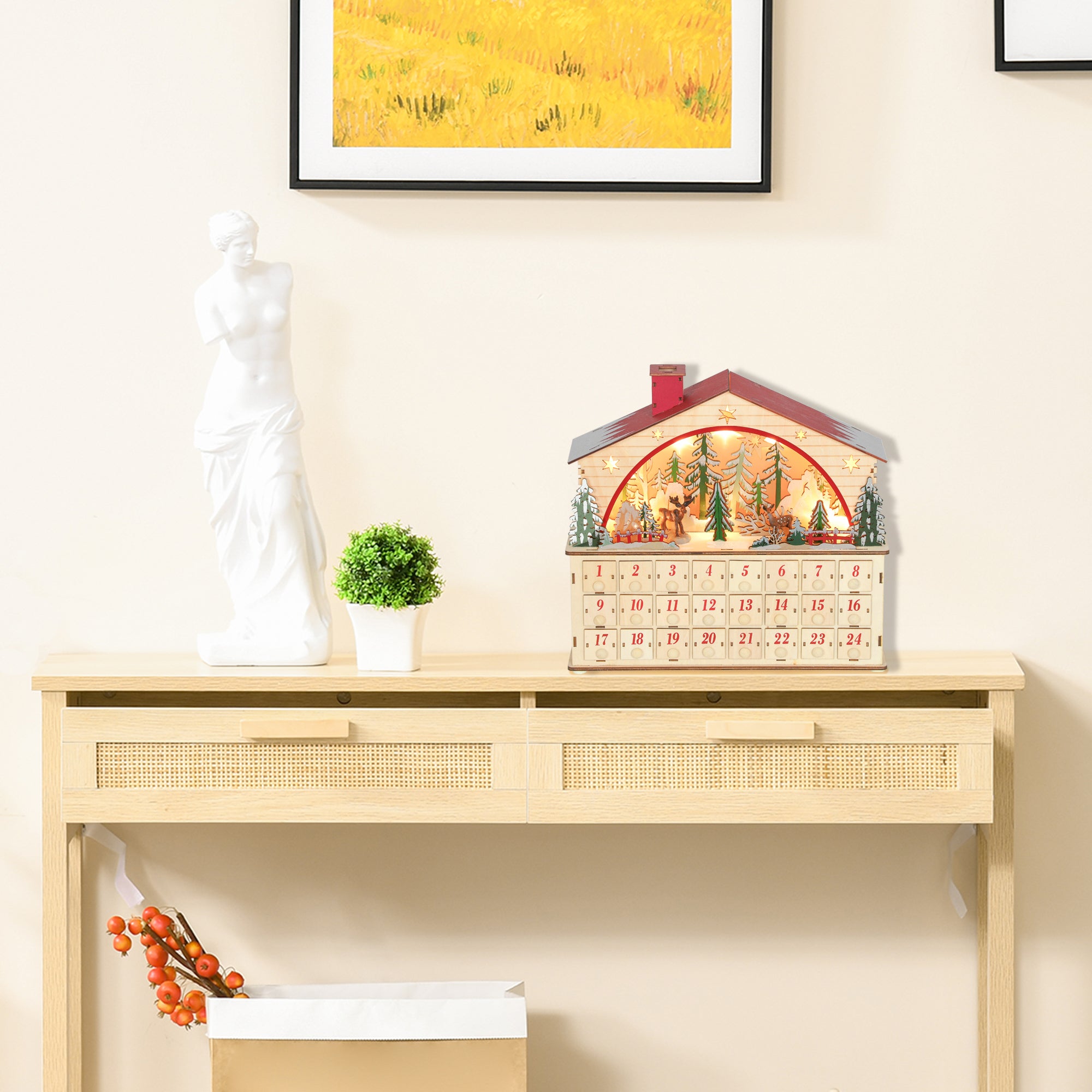 Calendario Adviento Navidad HOMCOM Tablero Multicapa Madera Natural 36x10x34 cm - 2