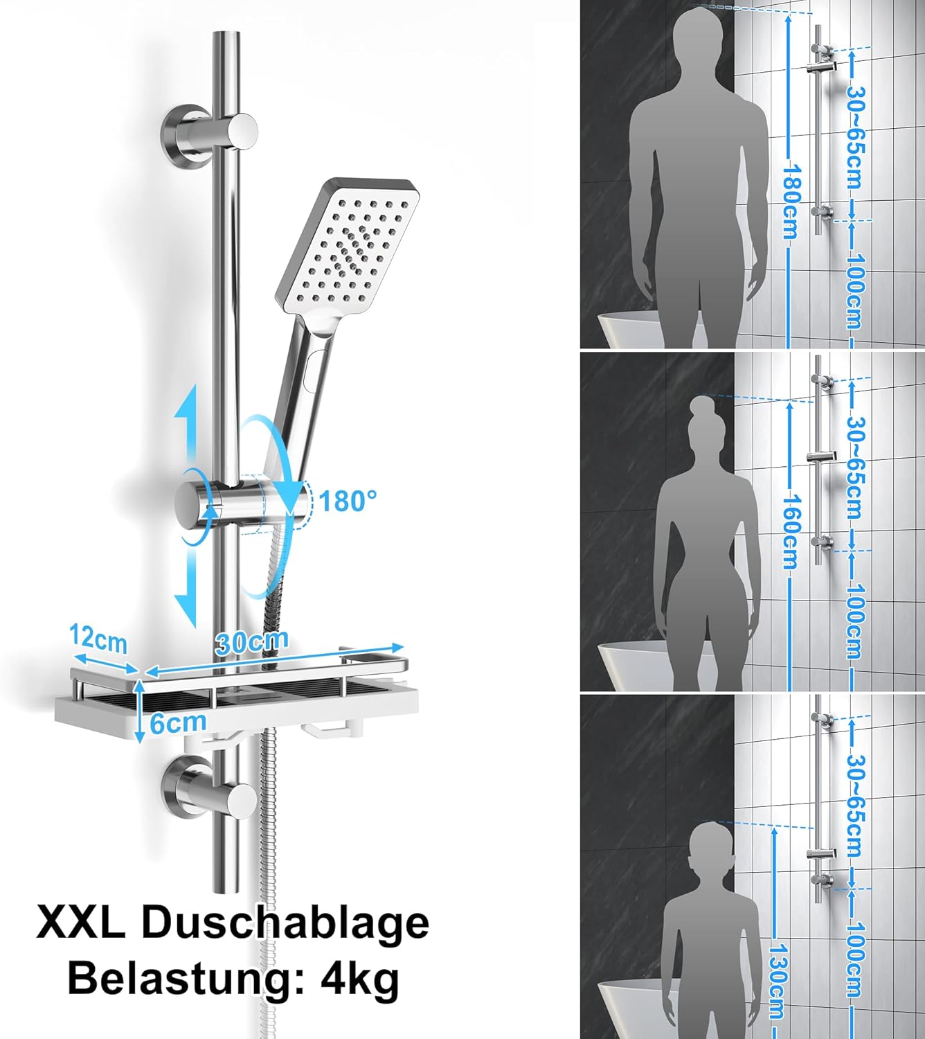 Görbach Barre de Douche 70cm en Acier Inoxydable, Chromé avec Support Pommeau de Douche et Support de Douche Muraux Réglable Variables - 3