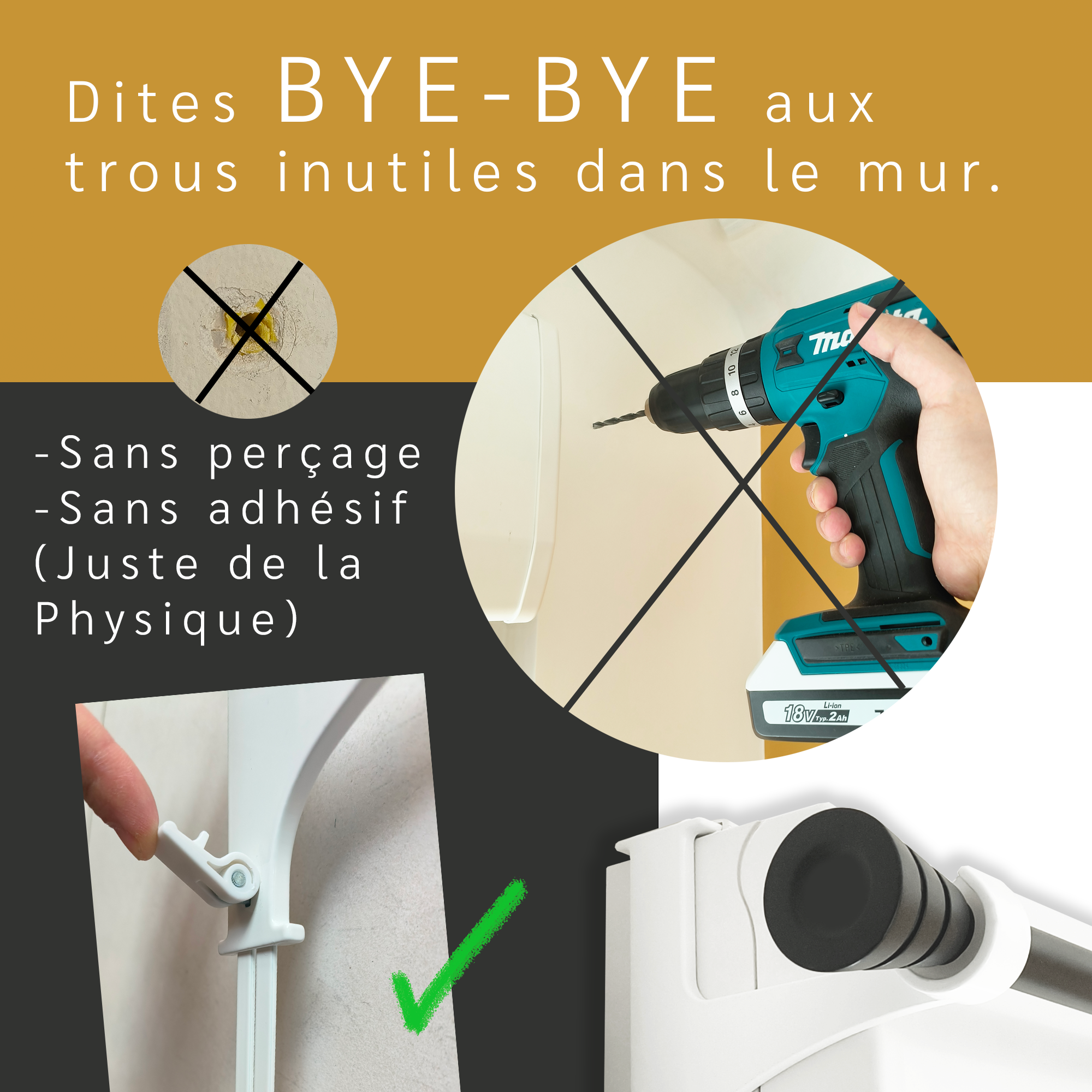 Kit de 2 supports sans perçage blancs pour tringle à rideaux spécial volet roulant - 2