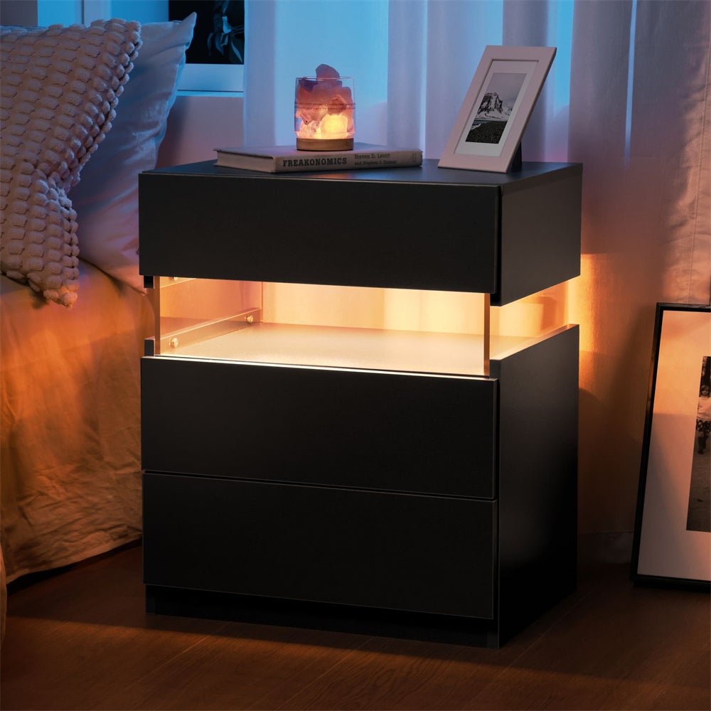 Stolik nocny LED z 3 szufladami - płyta akrylowa, regulowane oświetlenie RGB i nowoczesna konstrukcja z płyty MDF