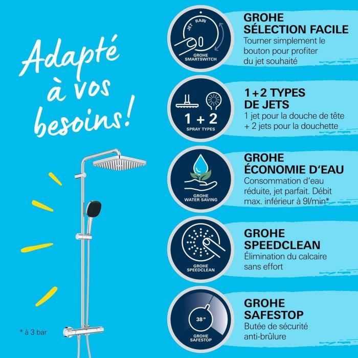 Colonne de douche avec mitigeur thermostatique - Economie d'eau - GROHE Vitalio Comfort 250 - Chromé - 26696001 - 4