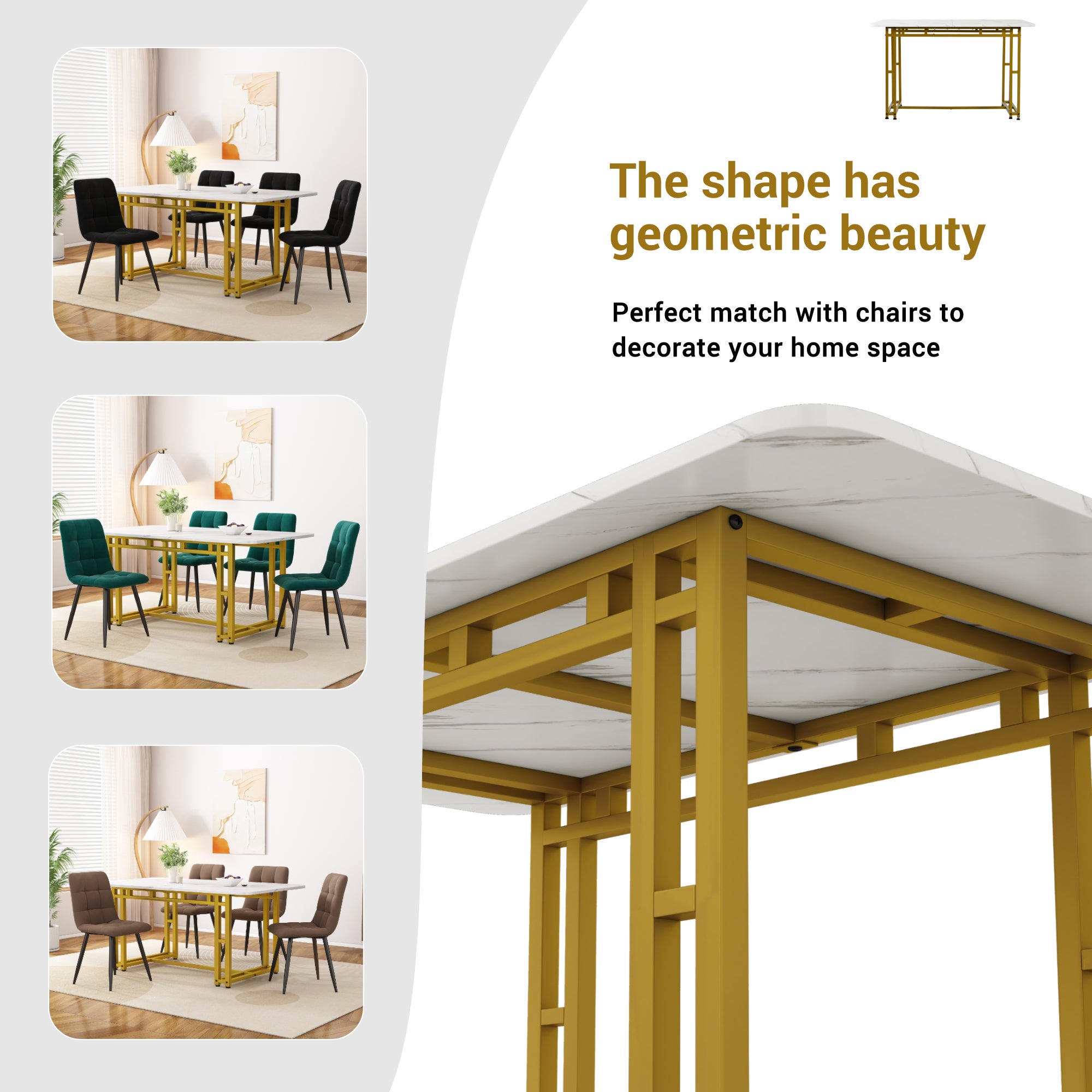 Mesa de comedor para 4 a 6 cubiertos con diseño de mármol - MDF + patas de metal dorado - blanca - 7