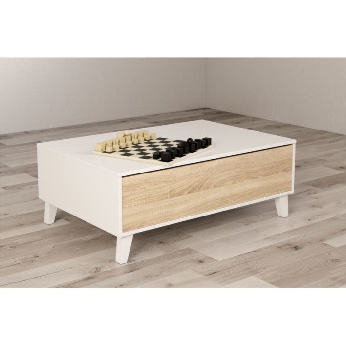 Table basse ABBY avec panneau central relevable L100cm x P68cm - Blanc / Bois - 3