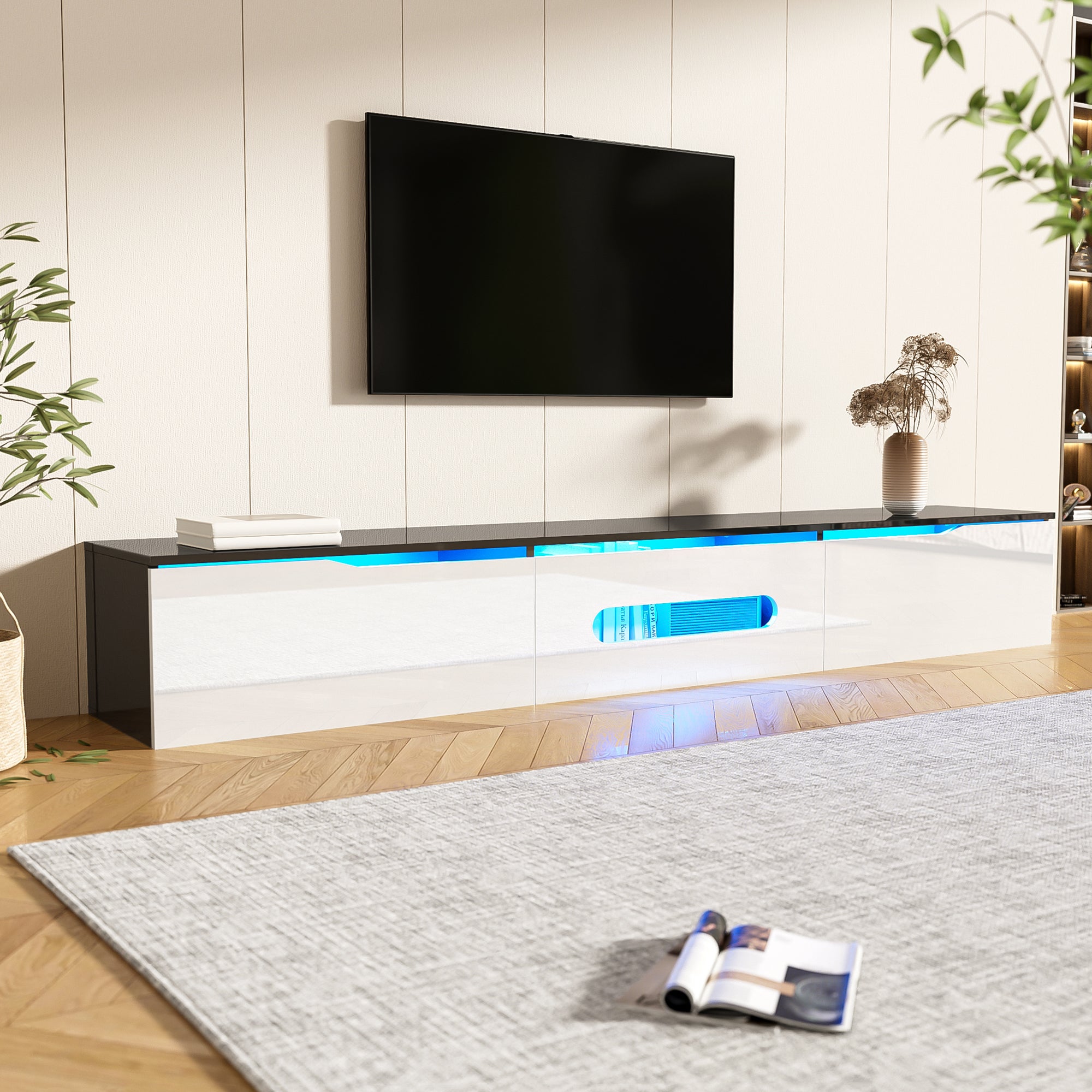 TV-Schrank czarno-biały 180 cm, LED RGB, Hochglanz, montaż ścienny