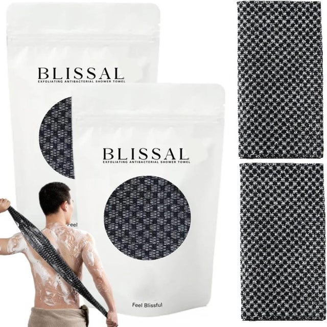 Serviette de bain exfoliante double face, serviette de bain longue à bandes, lingette nettoyante pour le dos et le corps, unisexe (lot de 2 noirs)