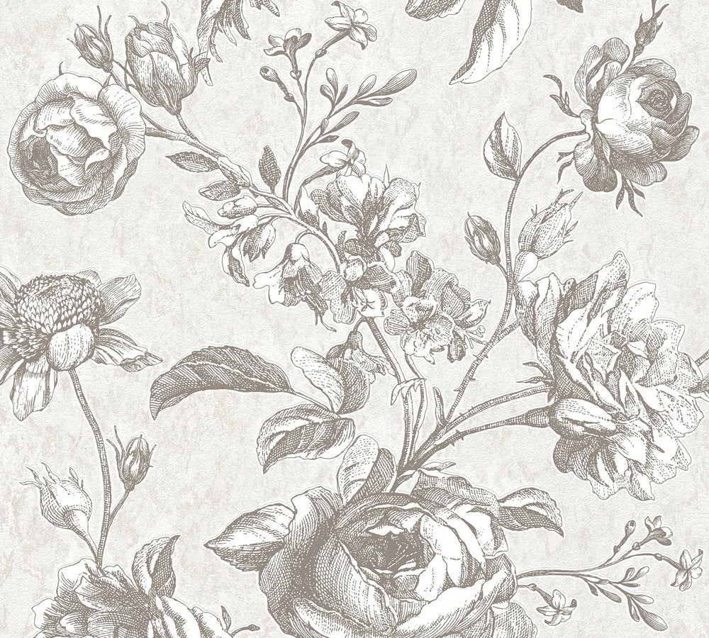 Papel pintado floral TADESSI Lenni M1-No.1838, papel pintado no tejido gris claro y blanco con diseño floral natural, adecuado para salón - 3