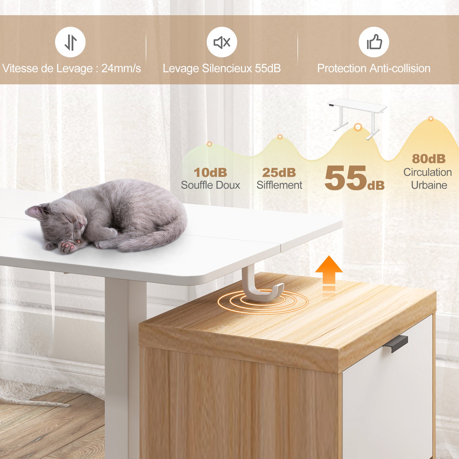 Bureau Assis Debout Electrique Réglable en Hauteur 160 x 60 x 72-117CM, Bureau Electrique avec 2 Crochets, Trous de Câbles, Charge 91KG, Blanc - 7