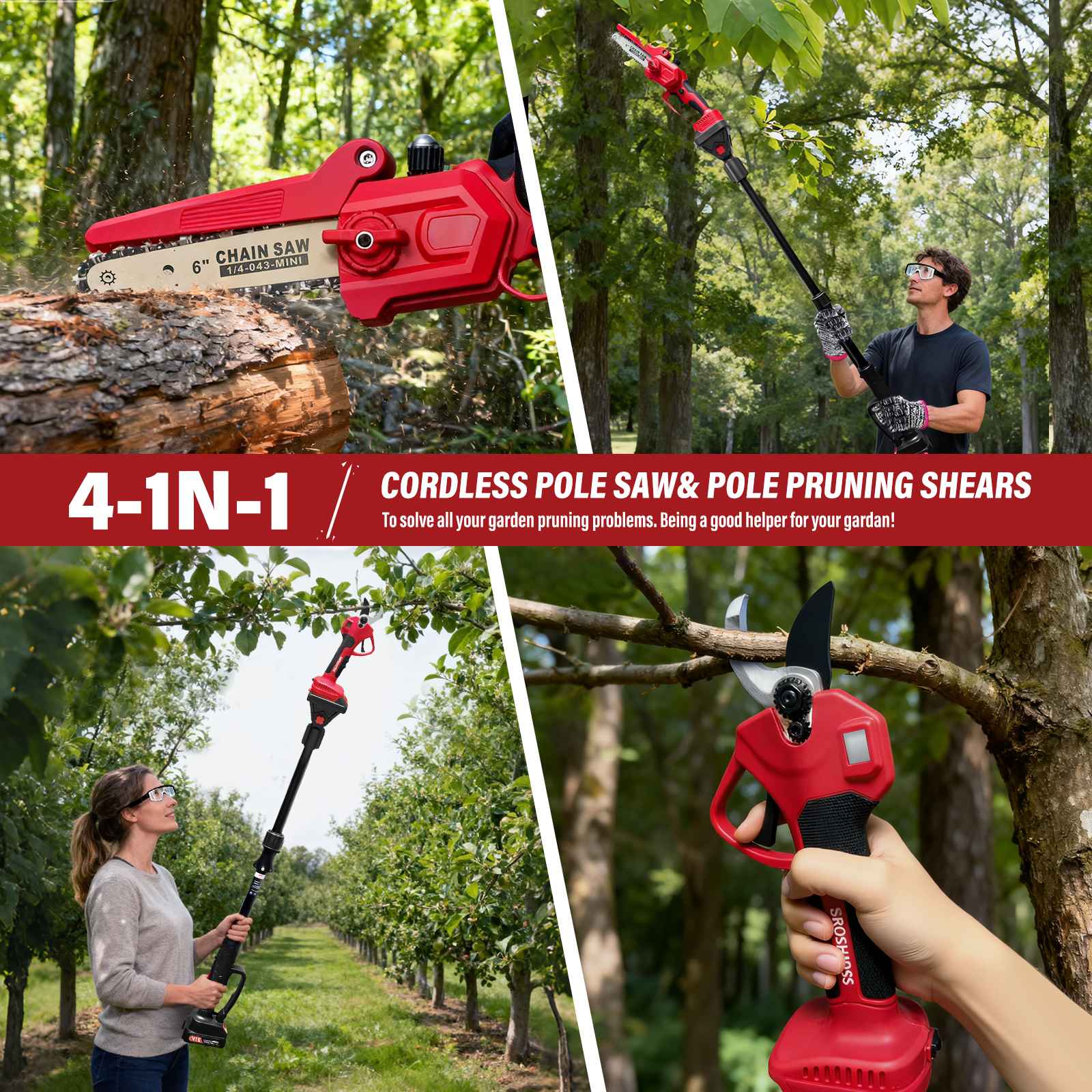 Kit Giardinaggio 4-in-1 Alta Prestazione Motosega Potatura 21V Litio Senza Spazzola + Cesoia Elettrica Telescopica 180° - 2