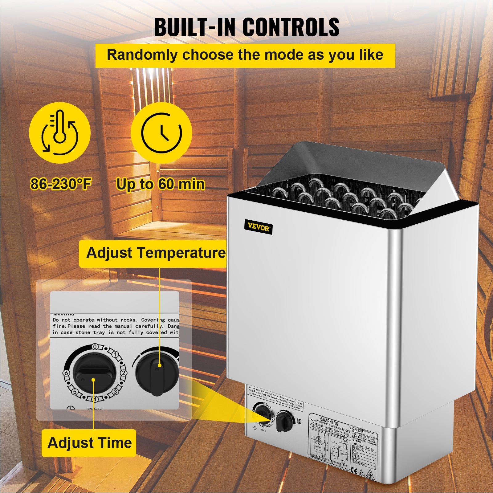 Poêle de Sauna Électrique 9 kW VEVOR, Triphasé 380-415 V, Contrôle Intégré, 9-13 m³, 30-110 ℃, Pierres Non Incluses - 4