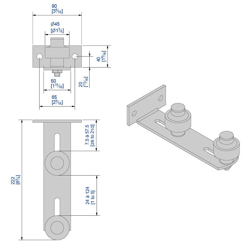Guide réglable à visser avec 2 olives zytel Ø45 mm pour porte jusqu'à 900 kg - 2