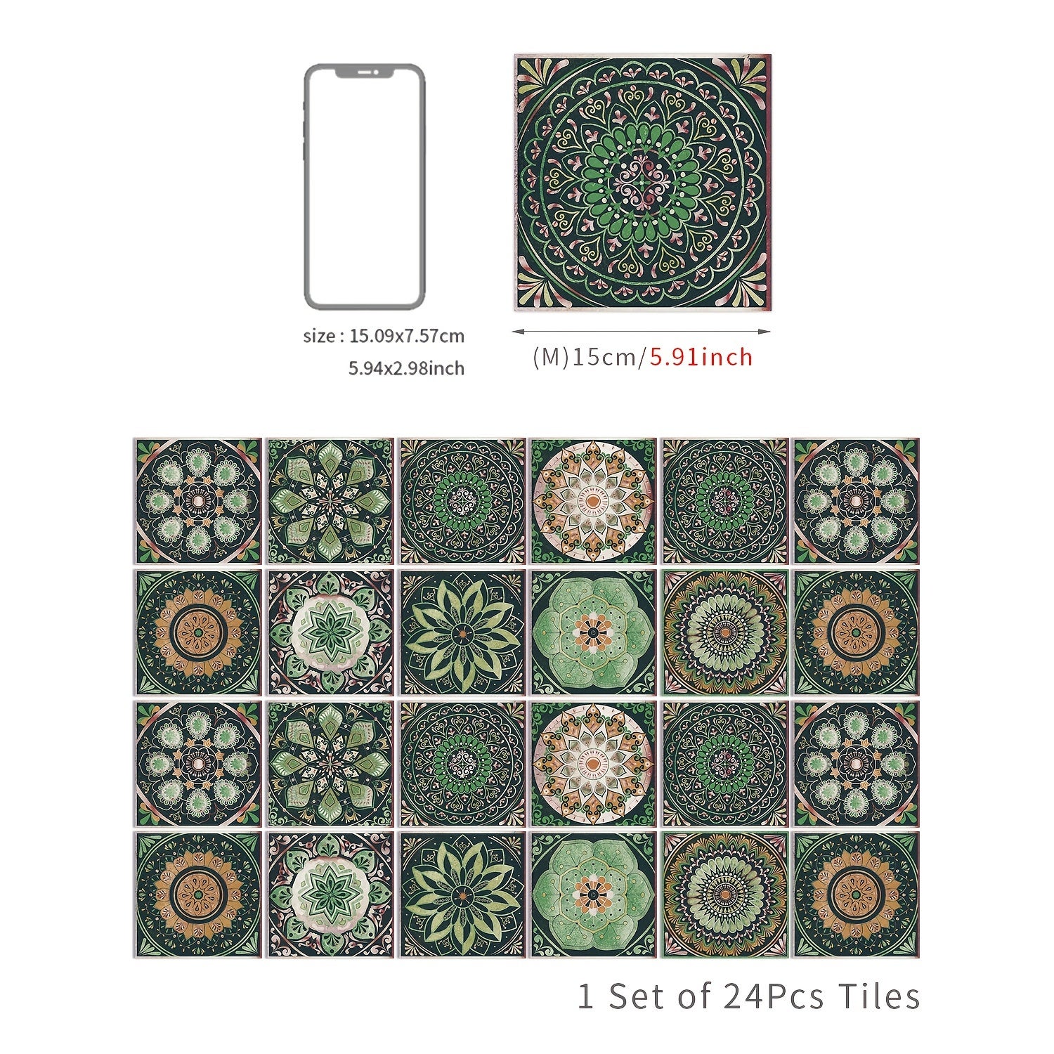 Autocollants de carreaux Mandala DIY, 24 pièces, autocollants imperméables, décoration murale rectangulaire pour cuisine et salle de bain - 2