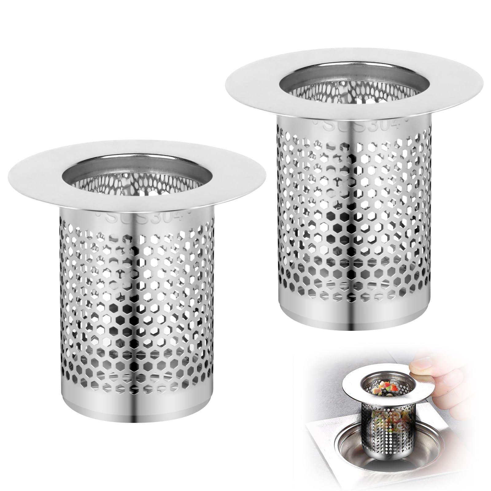 Dboo, filtro per lavello in acciaio inox, 2 pezzi, diametro 7.5 cm, filtro per capelli da bagno, doccia, lavello da cucina, tappo in metallo per