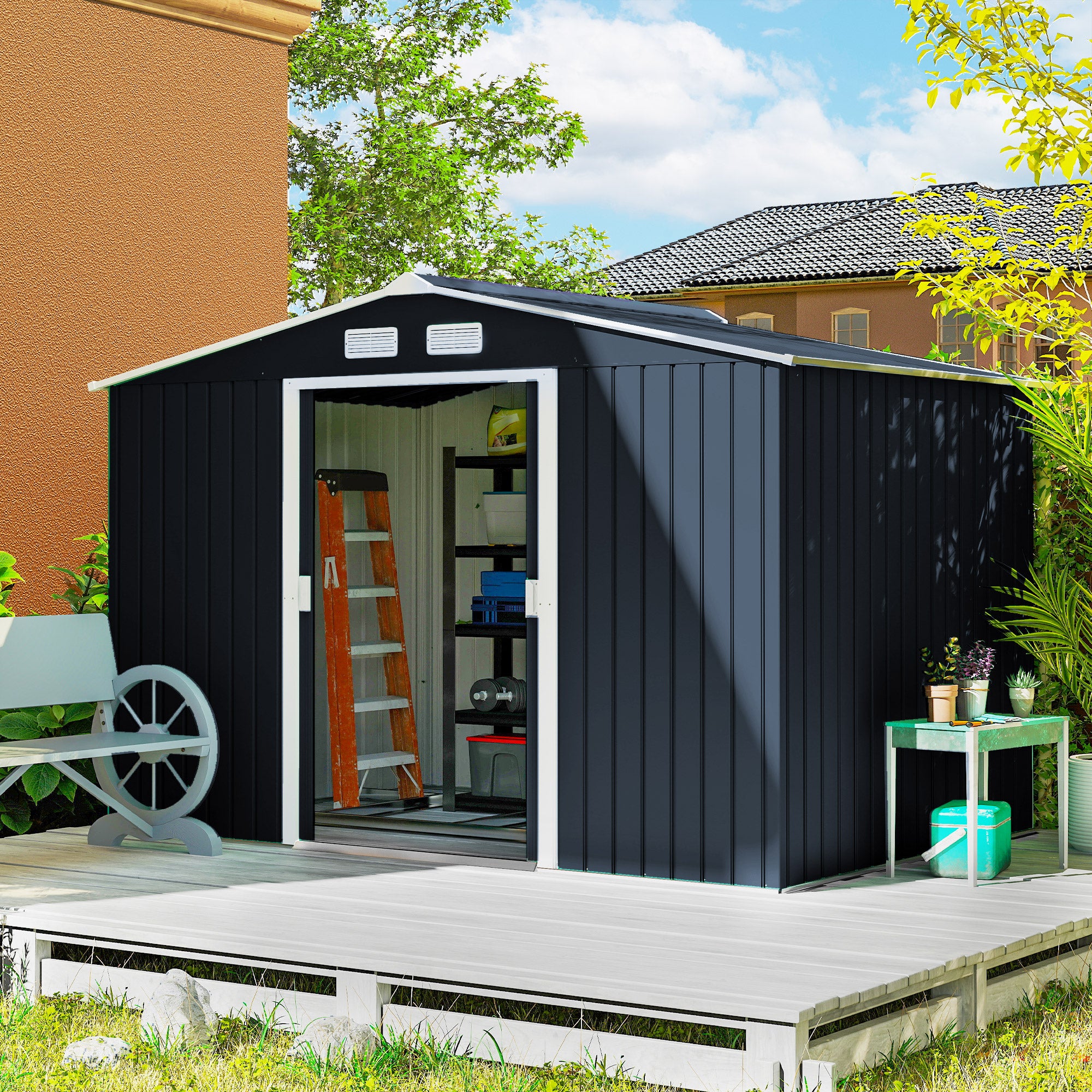 Abri jardin 4,9 m² fondation 4 bouches aération 2 portes coulissantes tôle acier outils, 277x195x192 cm, gris foncé - 3