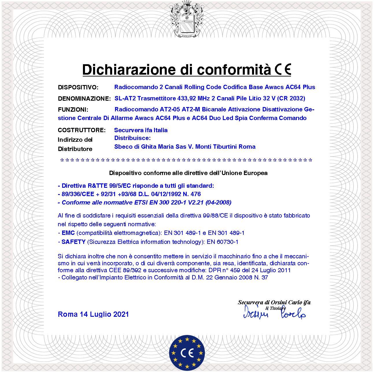 Telecomando AT2 duo 2 Canali 2 Pezzi Frequenza 433,92 MHz Pulsante Nero e Rosso Codici Univoci Comando e Gestione Centrale Allarme Awacs AC64 duo e AC - 2