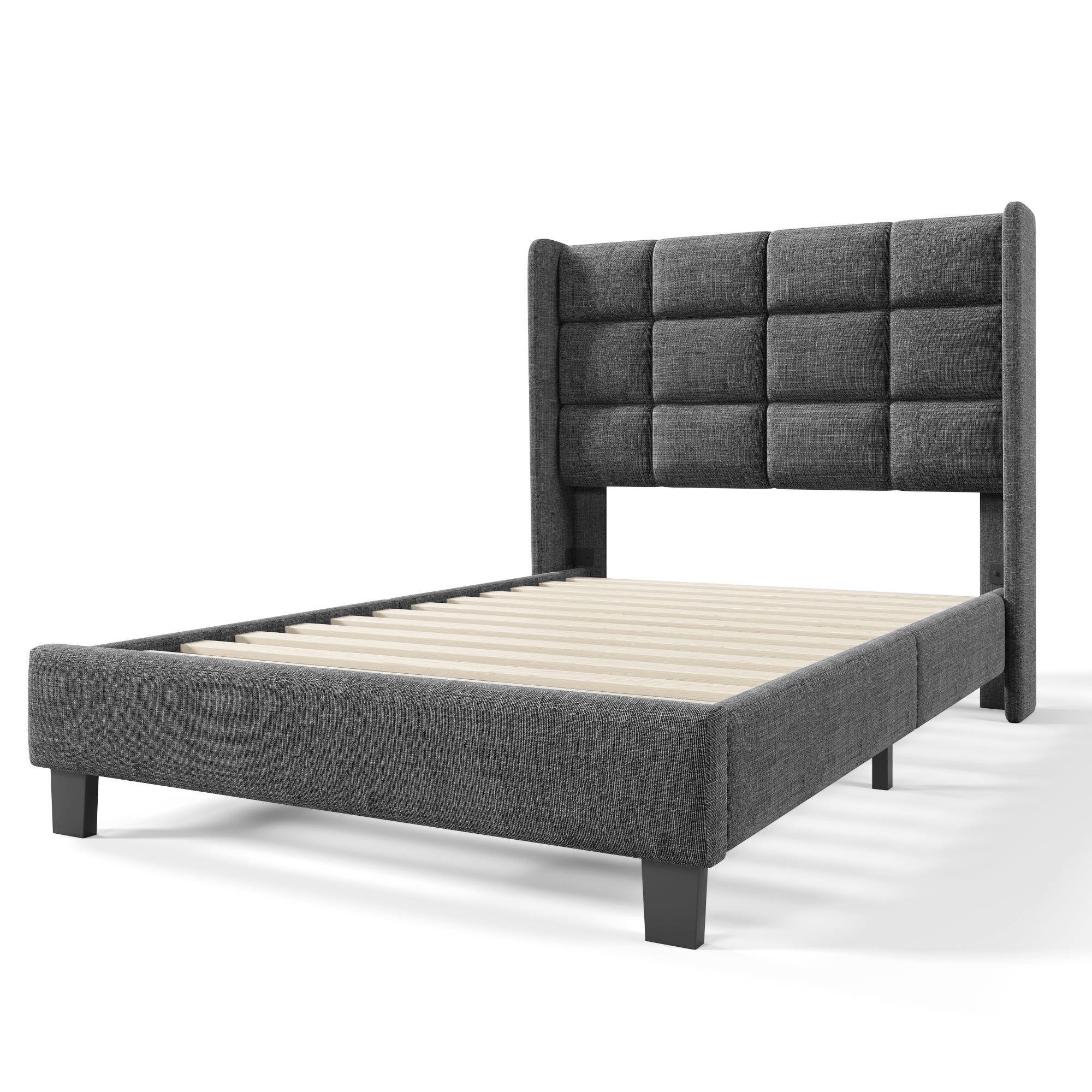 Łóżko tapicerowane z lnu - 90x200cm - z wezgłowiem i stelażem na listwy - Szare - 4