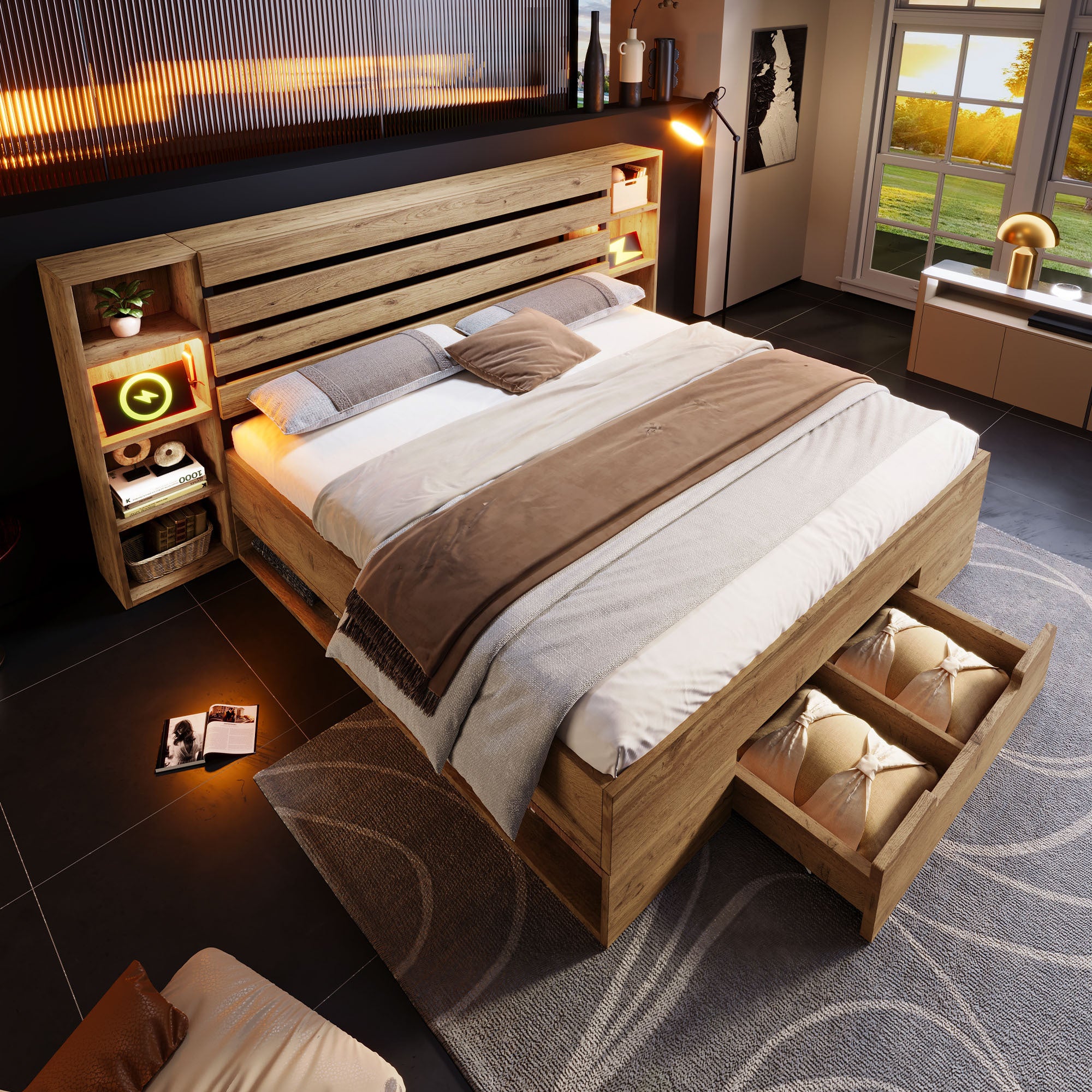 Lit Double 180x200 avec LED et USBC, Lit Industriel avec tête de lit et tiroirs de Rangement, Chêne (Sans Matelas) - 2