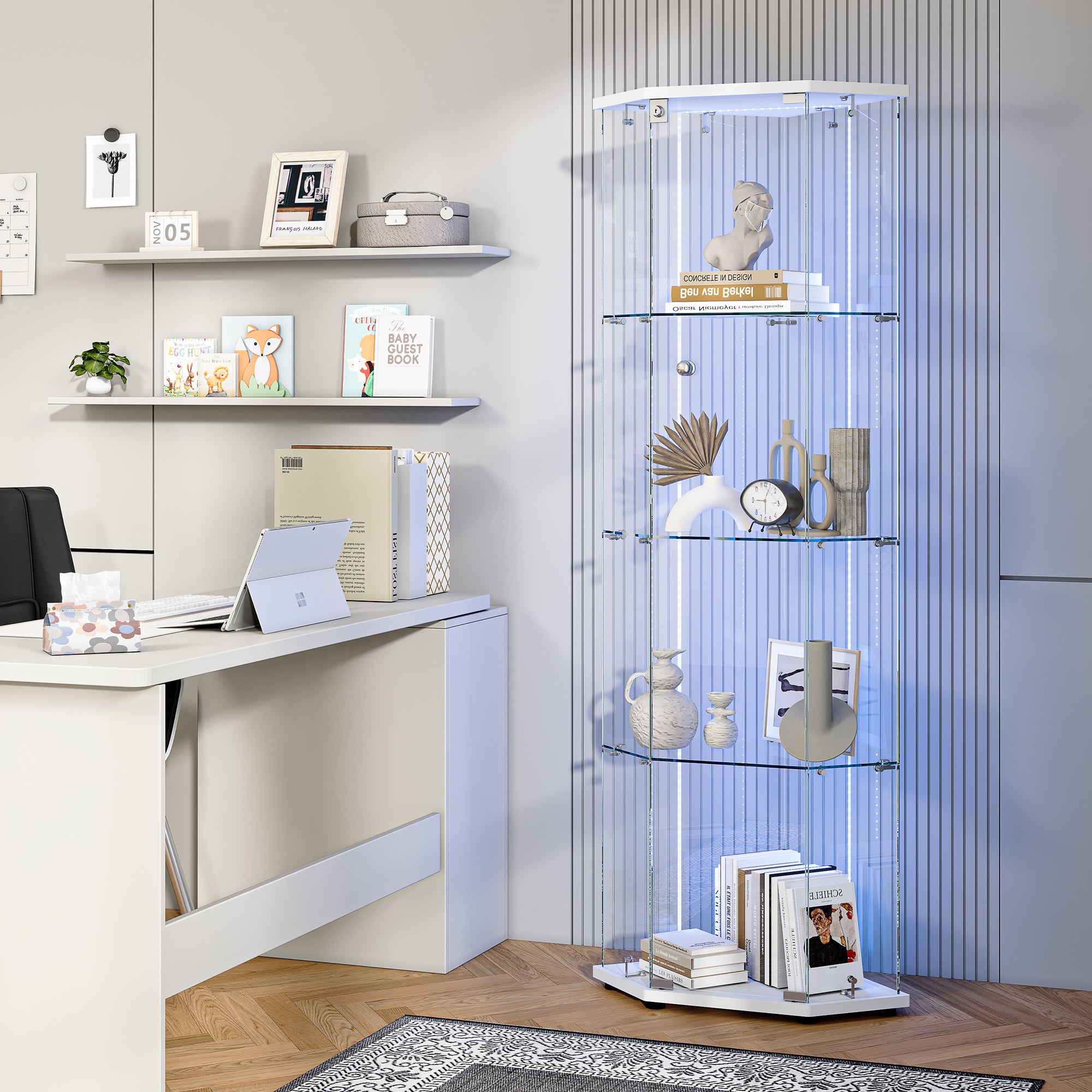 Vitrine pour collection, Vitrine en Verre, Transparent LED Vitrine en verre 4 Couches avec 1 Porte, pour salon et chambre à coucher,cinq angles - 4