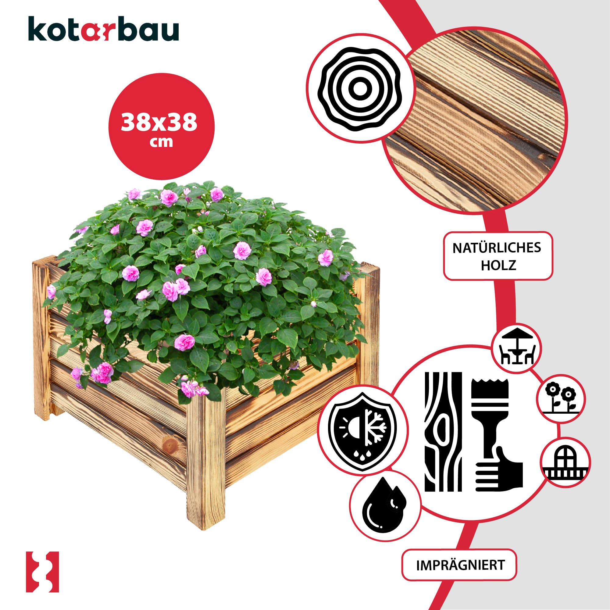 Pot de Fleurs en Bois 38 x 38 x 30 cm Jardinière en Pin Carbonisé Pot de Plantes Jardinière - Idéal pour Jardin Terrasse Balcon - KOTARBAU - 4