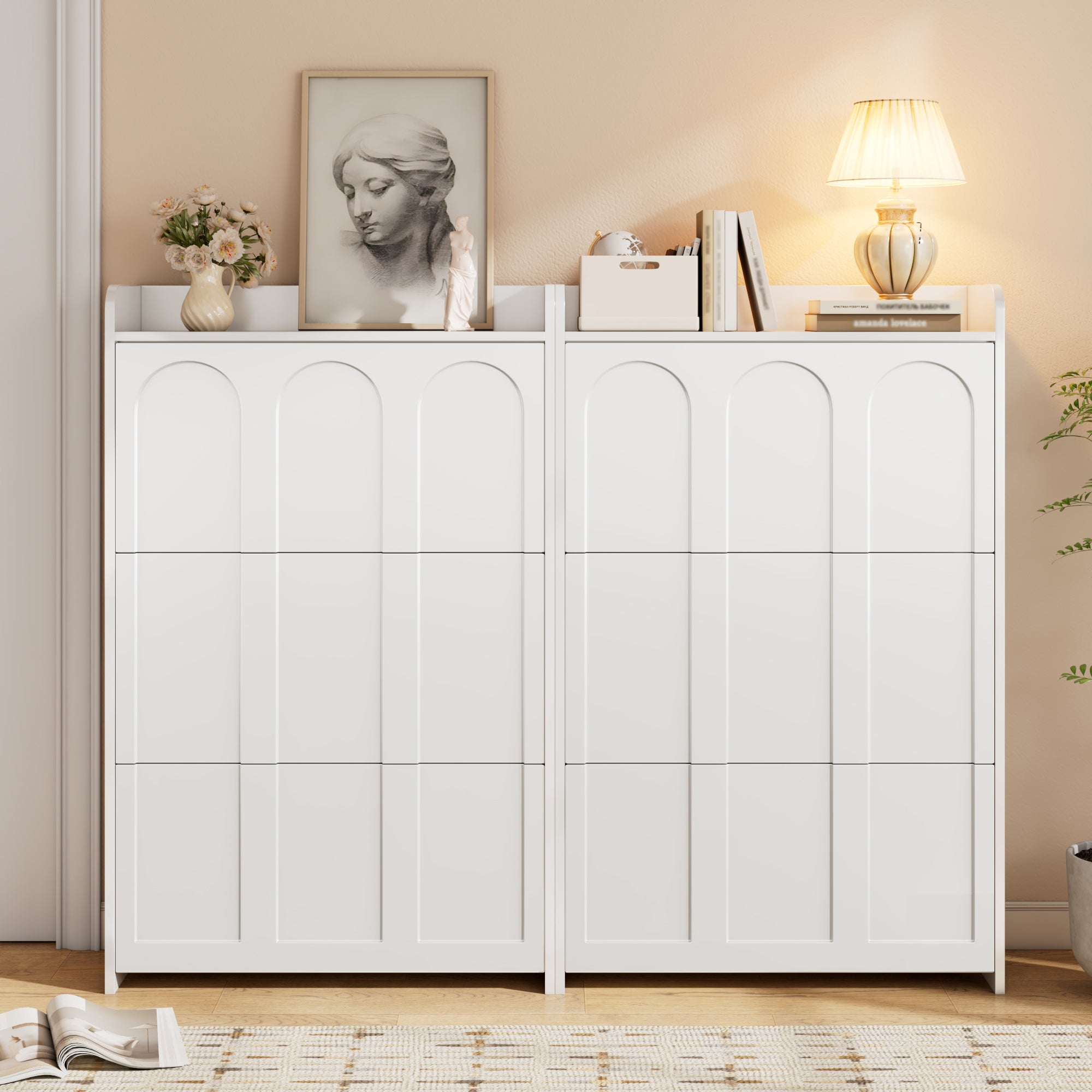 Szafa na buty 2-częściowa - 140 x 25 x 120 cm - Z 12 przegródkami - 6 opuszczanych drzwiczek - Płyta MDF - Biała