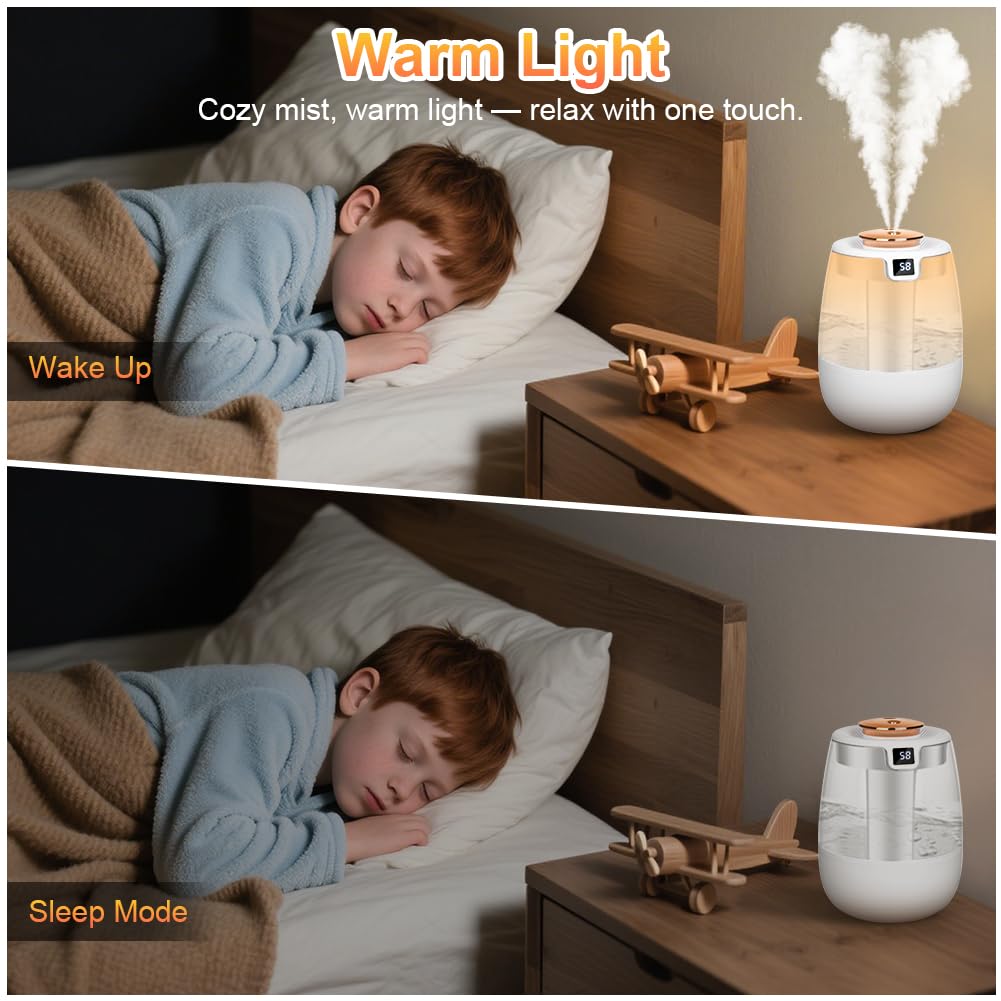 Humidificador para dormitorio - Humidificador de ambiente de 1.2 L con doble boquilla y luz nocturna, pantalla digital, 30 dB para oficina (blanco) - 5