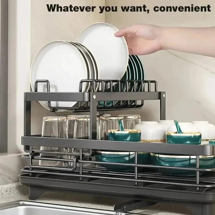 Escurridor de platos ajustable de acero inoxidable de 2 niveles KAKET - Escurreplatos para platos y cuencos, organizador de cocina - 2