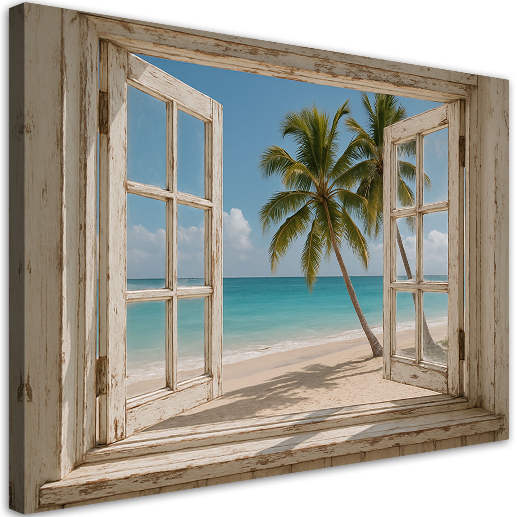 Obraz do salonu sypialni, Widok z okna na plażę palmy Shabby Chic 100x70
