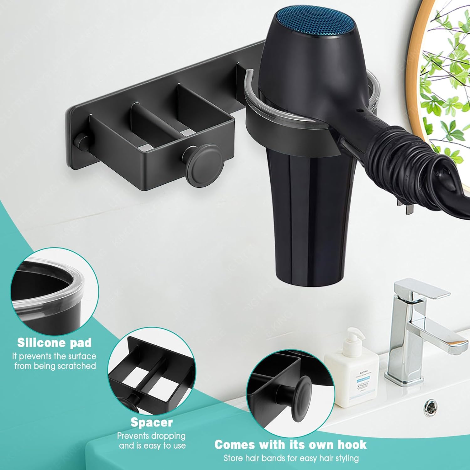 Porte Seche Cheveux et Lisseur pour Salle de Bains/Chambre à Coucher/Hôtel, Porte Seche Cheveux sans Perçage a Adhésif/Vis, Noir - 3