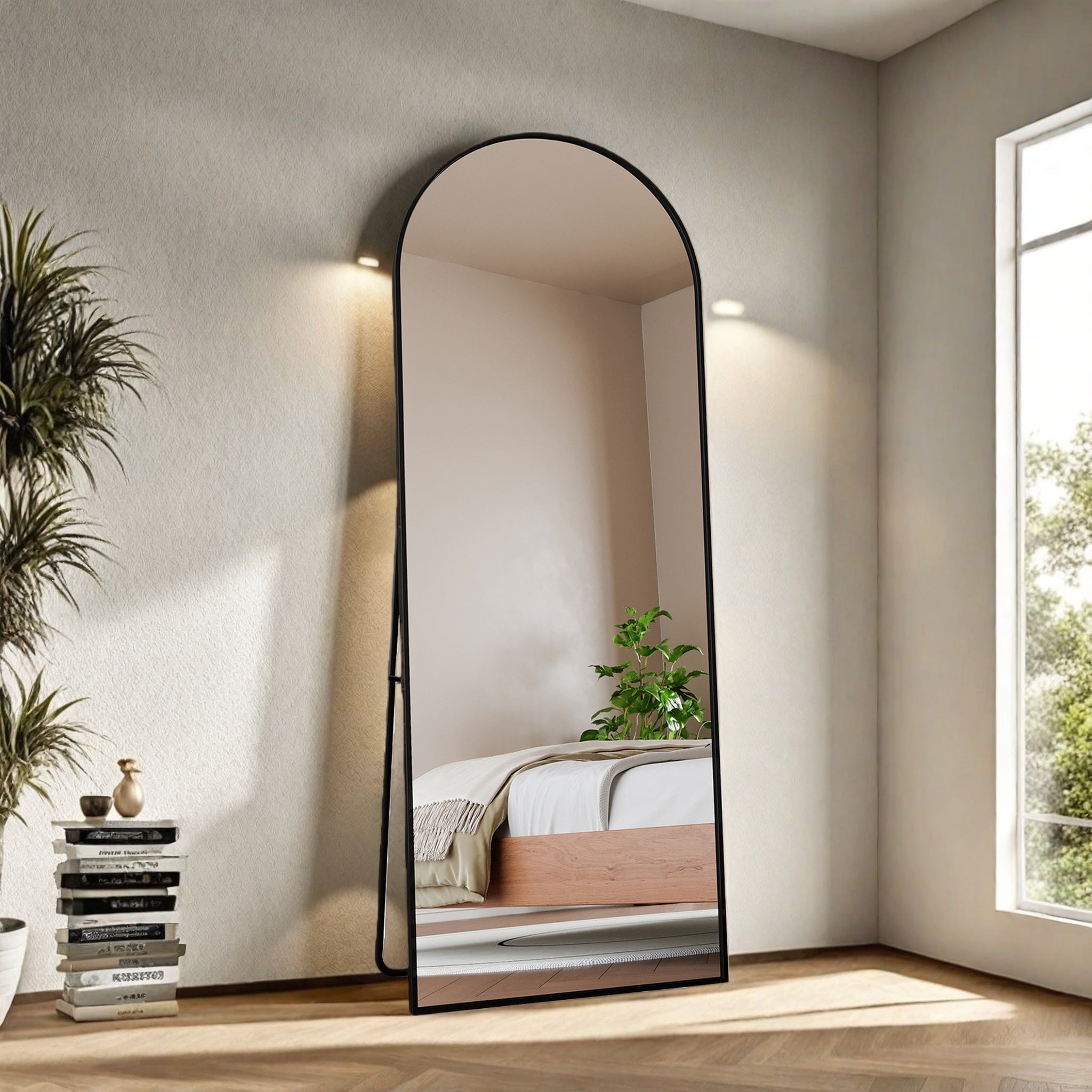 Miroir sur pied 162x53 cm, Miroir mural, Cadre en alliage d'aluminium, Verre trempé, au sol ou suspendu, pour salon, chambre ou dressing, Noir - 2