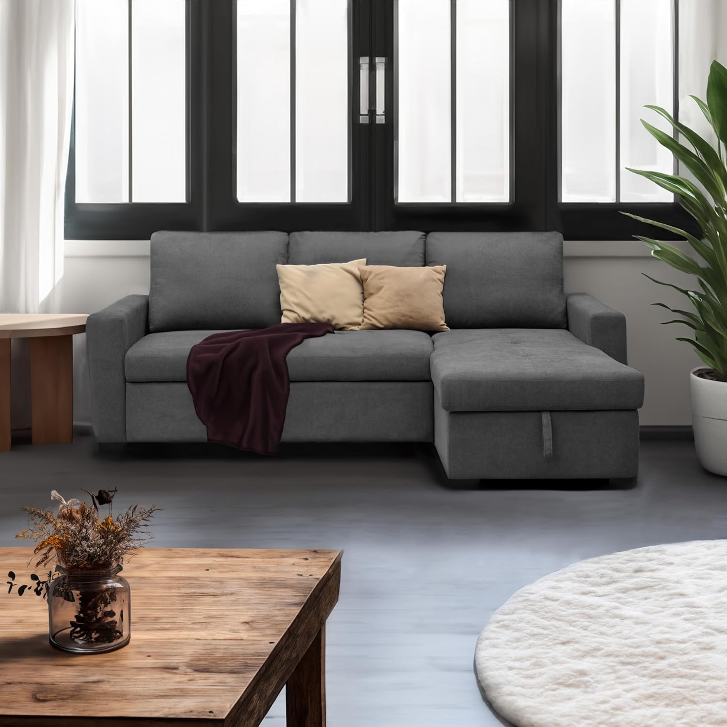 Sofá cama 3 plazas reversible con chaiselongue y almacenaje, tapizado en tela gris, 229x93x153 cm