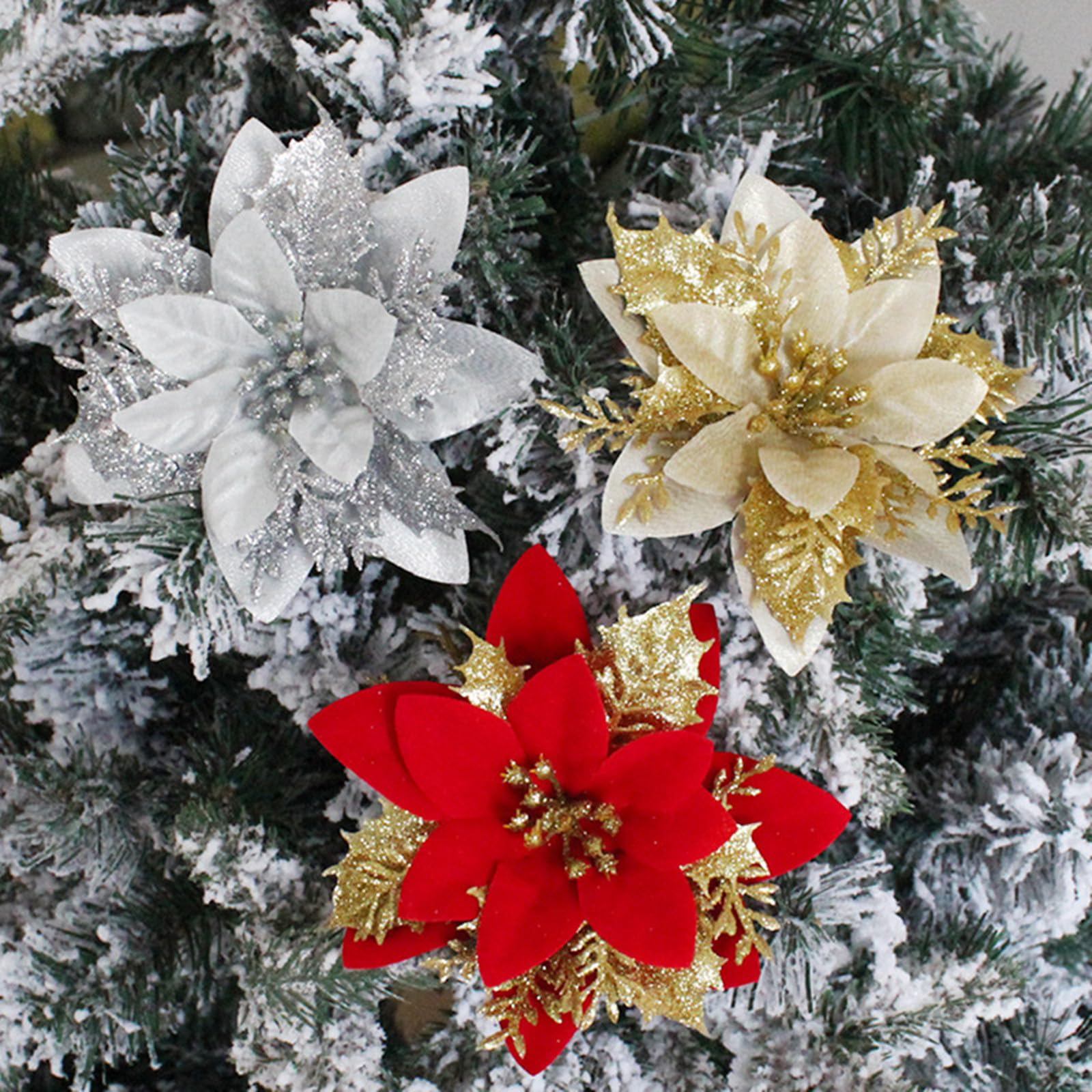 Lot de 15 décorations de Noël, fleurs artificielles scintillantes avec clips, décorations pour sapin de Noël, pendentifs de fleurs artificielles - 9