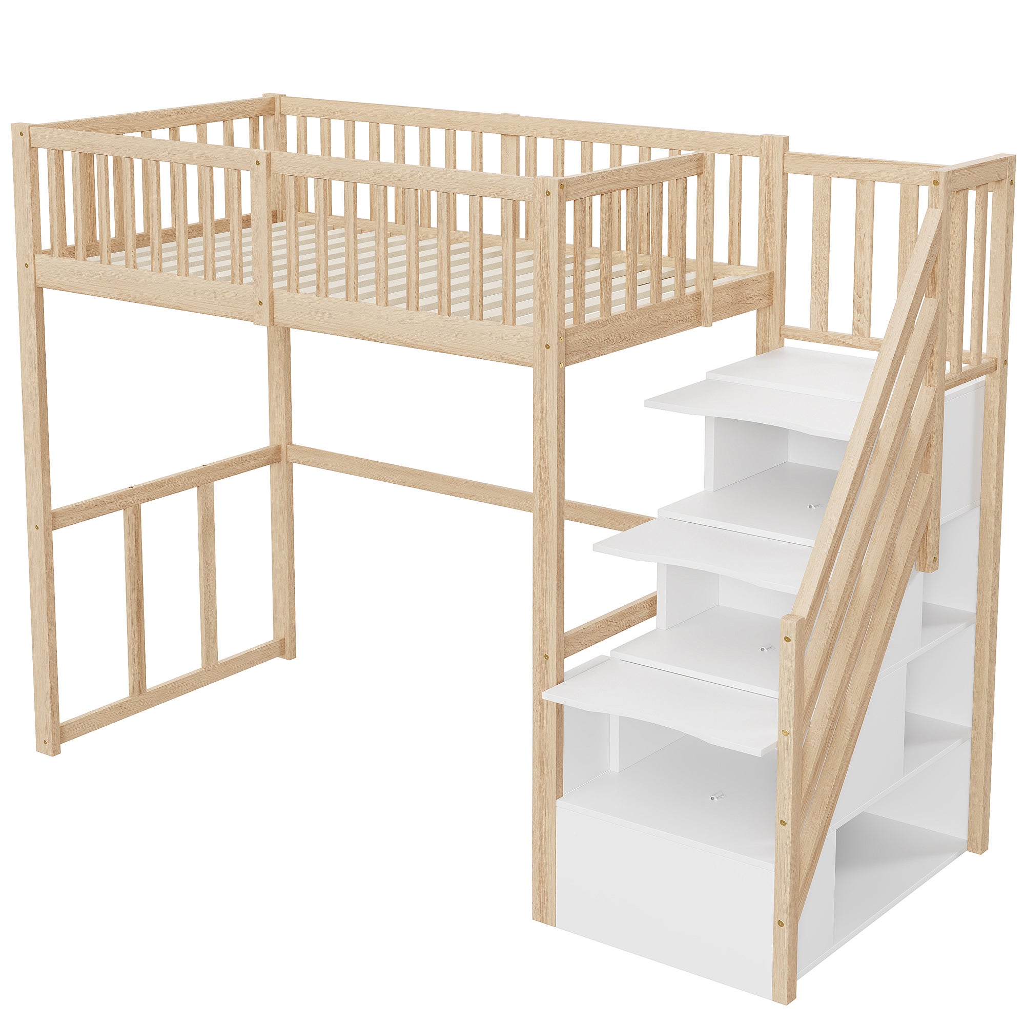 Lit mezzanine 90x200cm en bois massif - avec escalier de rangement - Naturel - 6