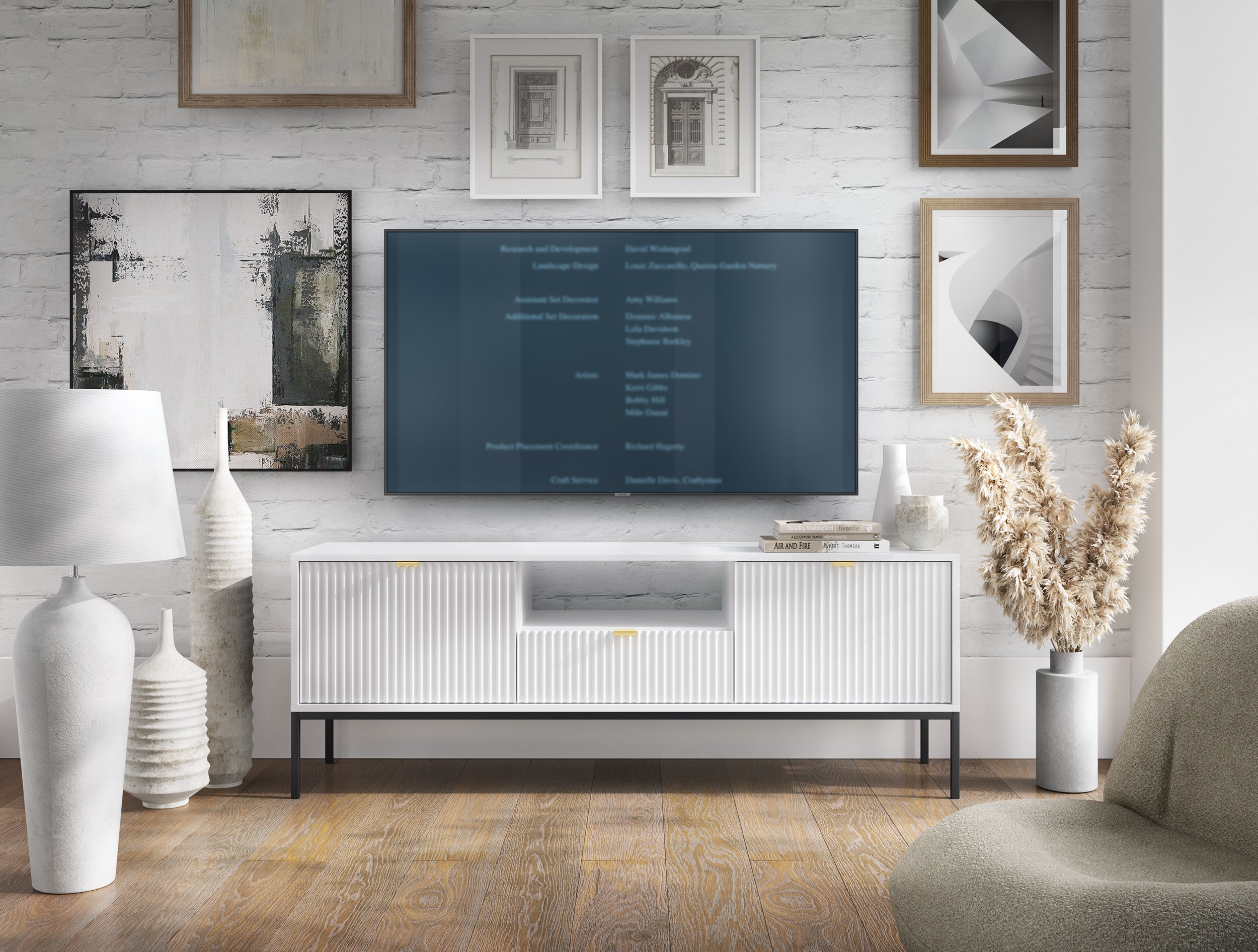 Szafka TV: 1 szuflada, biały, stelaż czarny, 154 x 56 x 39 cm, uchwyty złote - 4