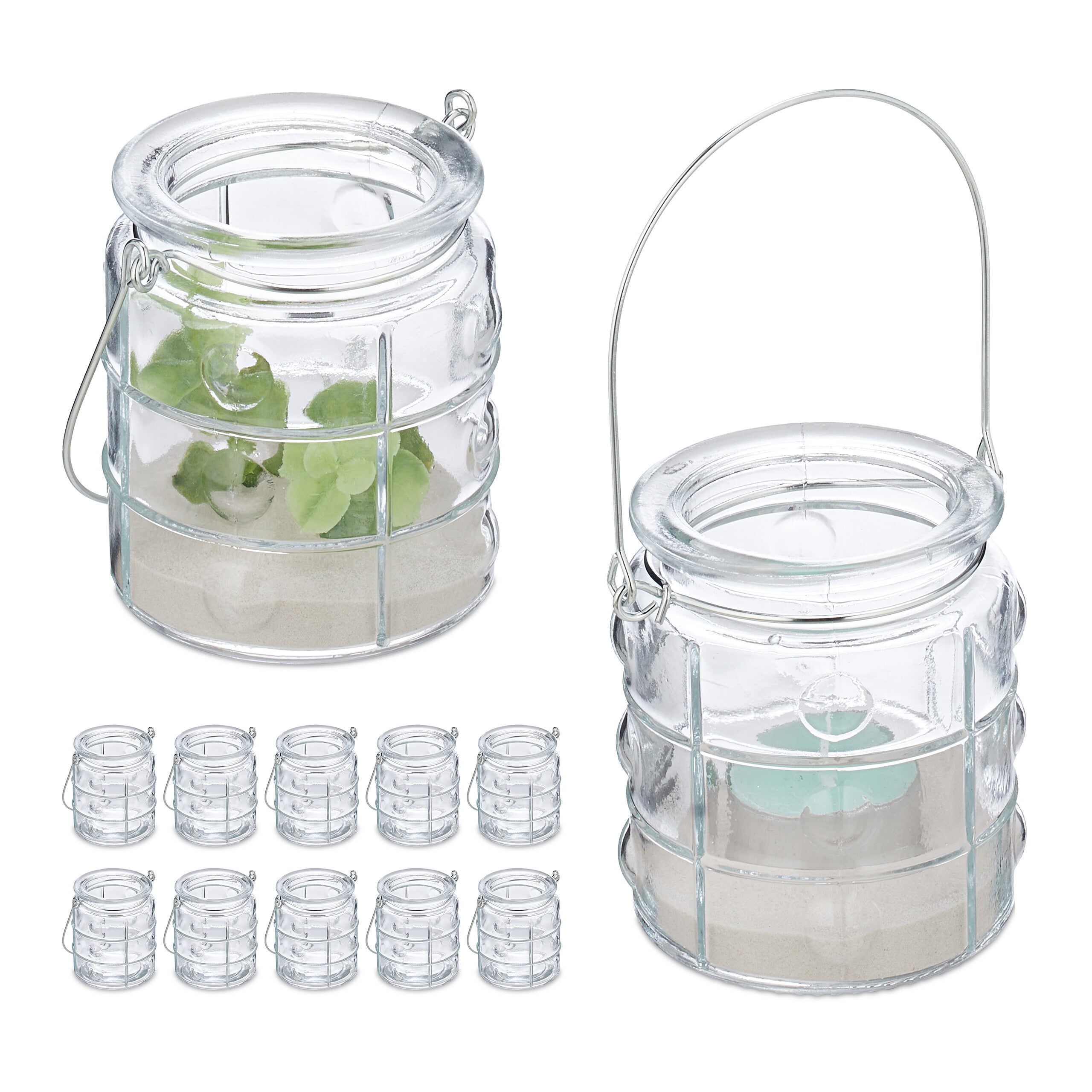 Lot De 12 Photophores à Suspendre Relaxdays - Avec Anse, Intérieur Et Extérieur, HxD 9 X 8,5 Cm, Transparent Argenté