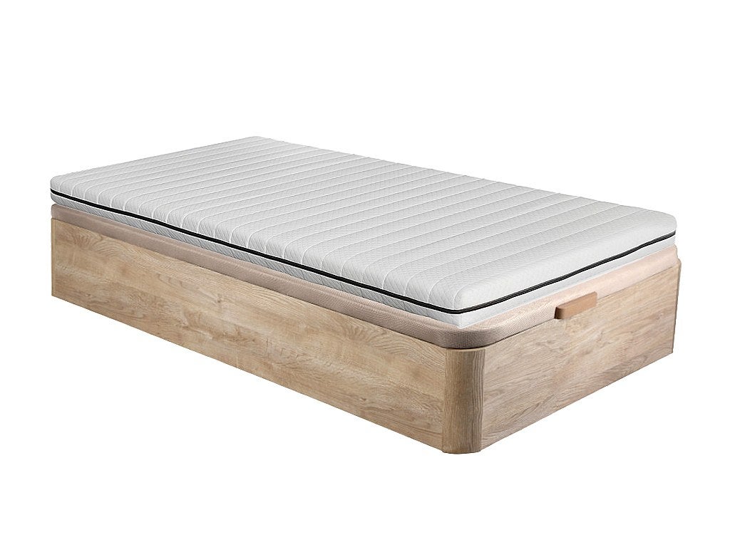 Zestaw 90 x 190 cm stelaż ze skrzynią naturalny jasny + materac piankowy o grub. 10 cm ze zdejmowanym pokrowcem - NASUS marki YSMÉE