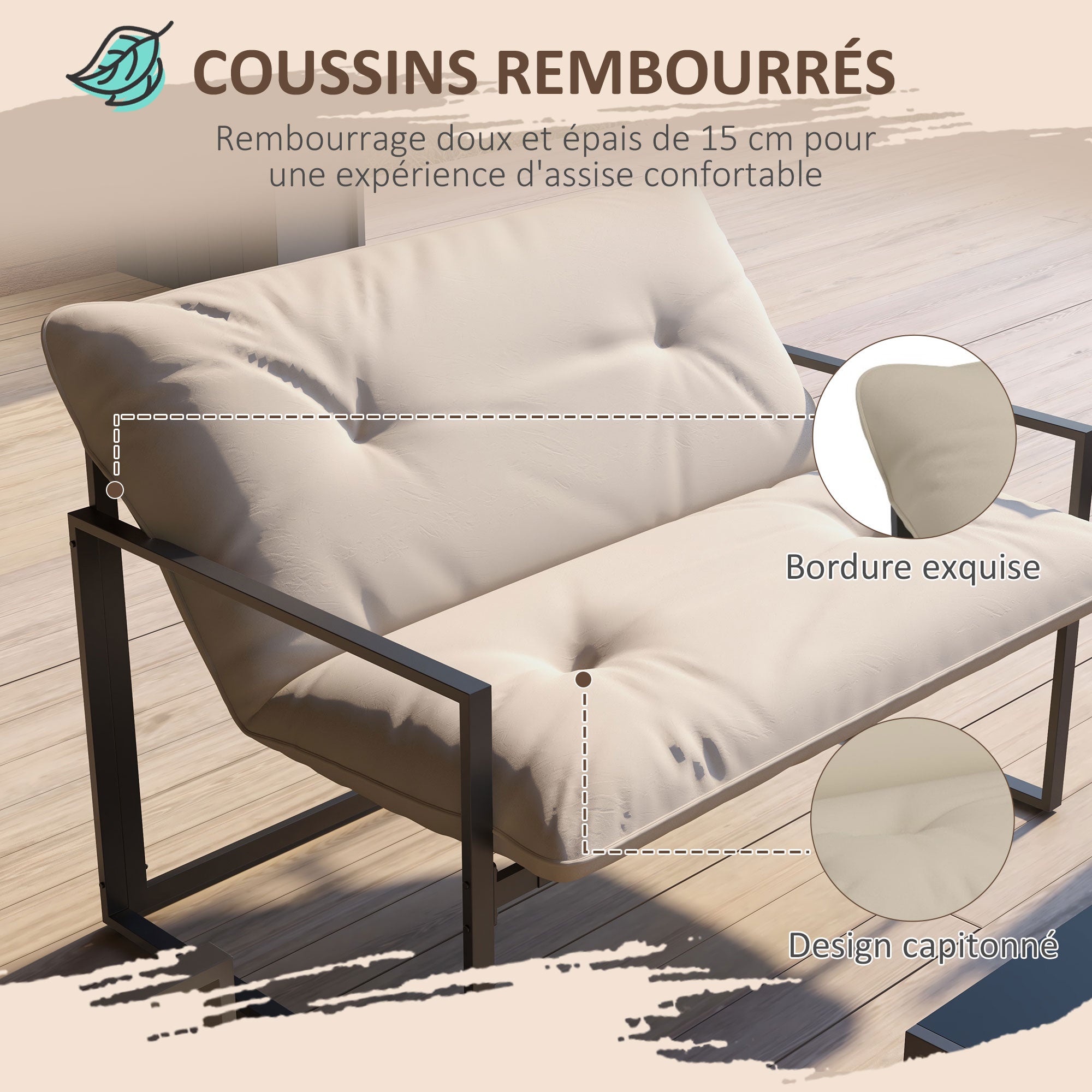 Salon de jardin 4 pièces 4 personnes avec canapé 2 places, 2 fauteuils et 1 table basse gris - 6