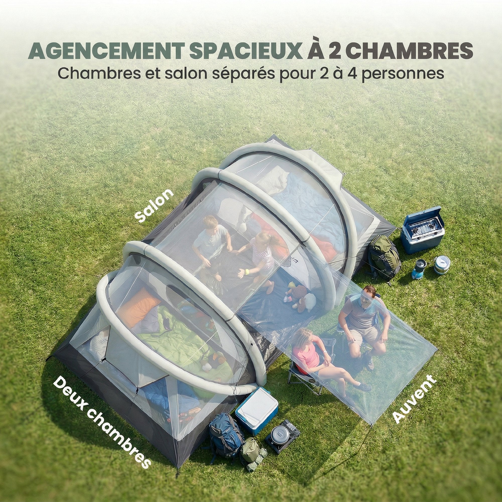 Tente Gonflable Camping 2-4 Personnes avec Pompe 2 Chambres et Séjour Imperméable 3000mm 485x245x188cm Gris - 7
