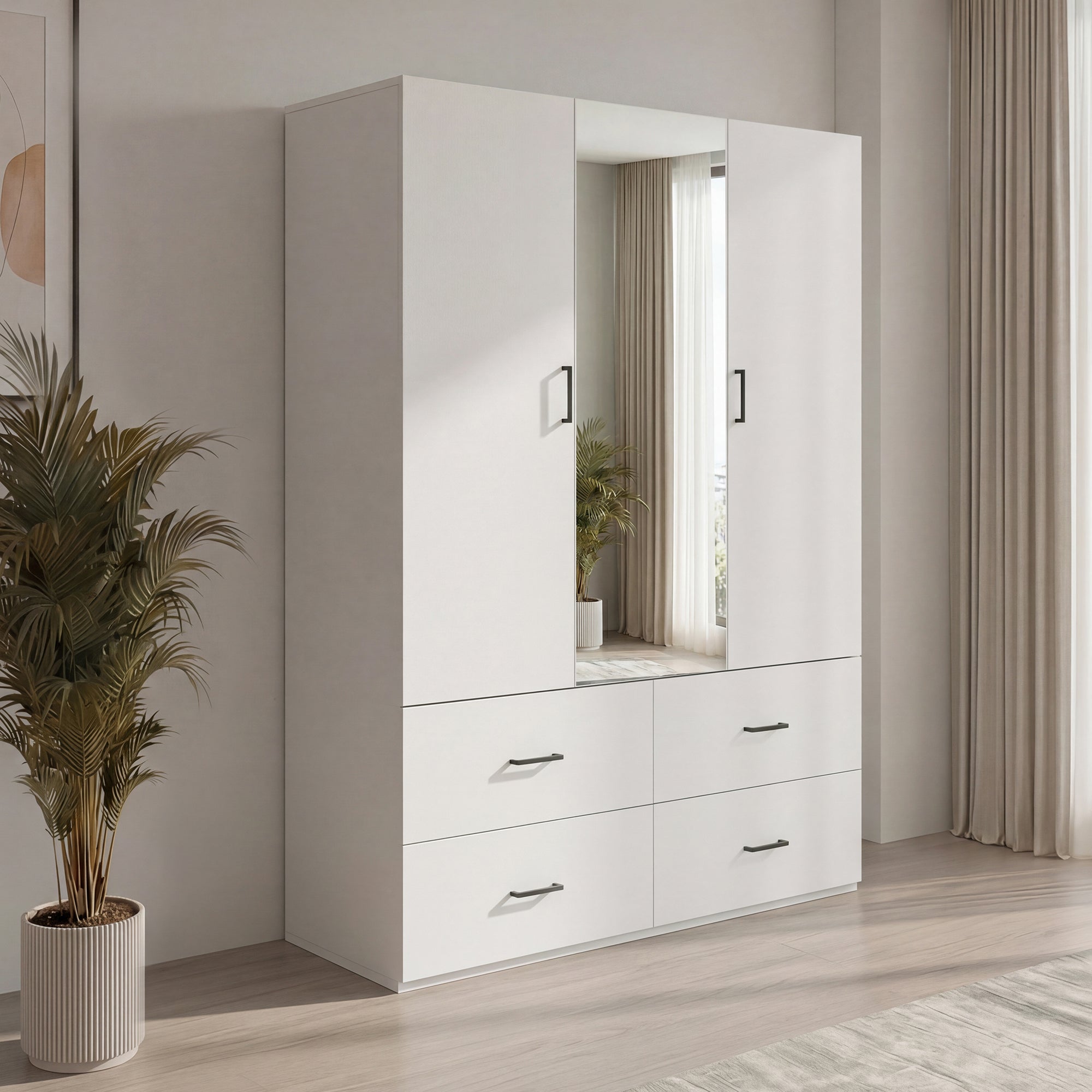 Armoire 2 portes et 4 tiroirs-L130 cm-étagères+penderie-Avec miroir-Kit dressing design simple-meuble chambre-Blanc - 8