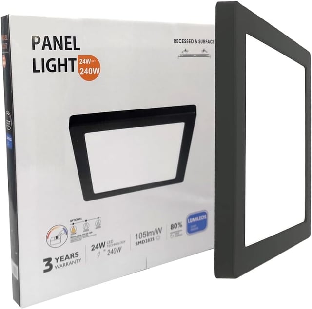 Plafón Led Techo Cuadrado Negro, 24W (240W), 2400Lm, Lámpara Superficie o Empotrable, CCT 3000K 4000K y 6000K, 291x18mm