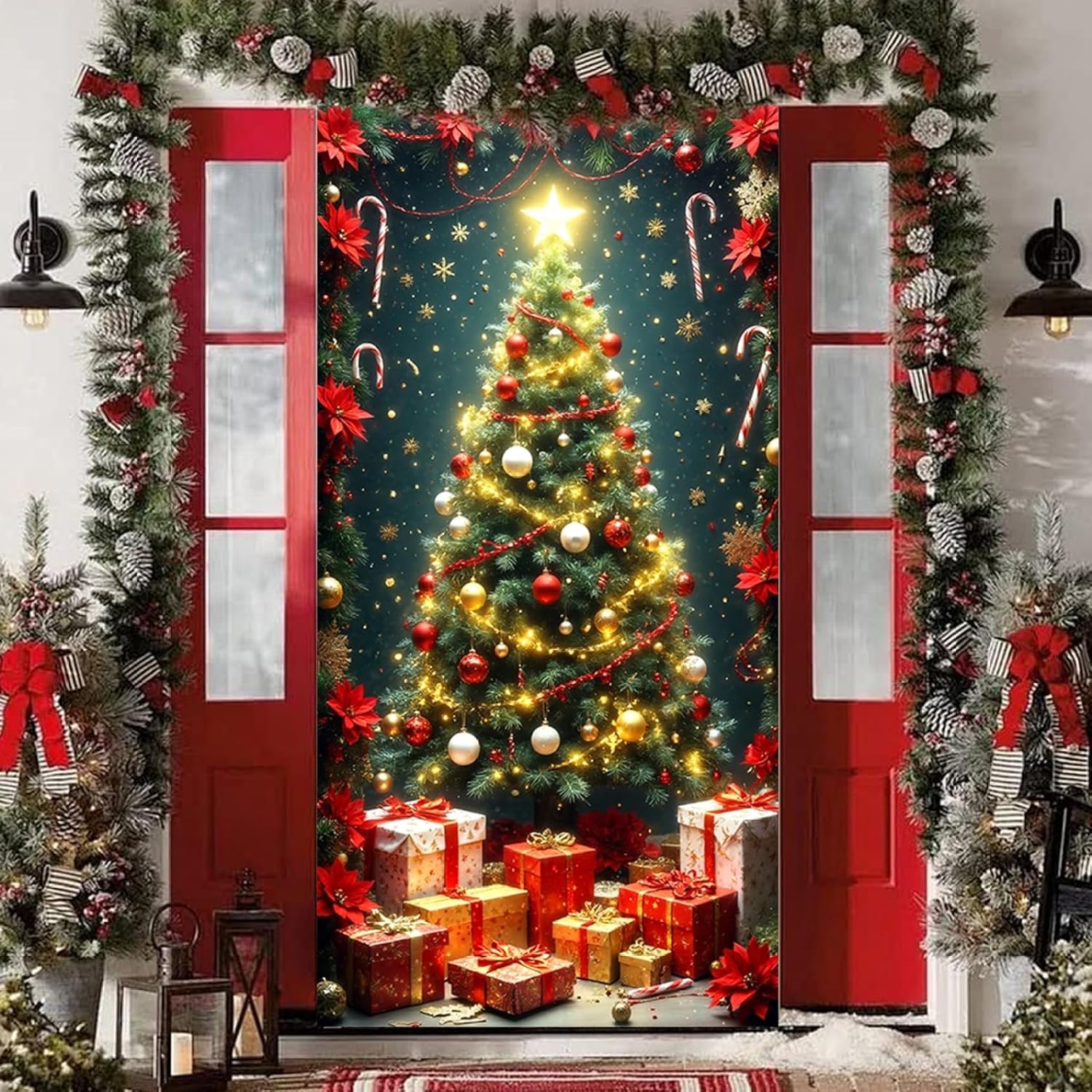 Cubierta navideña para puerta de 90 x 180 cm, decoración navideña para puerta con ojales, elástica y lavable para fiestas en casa. - 5