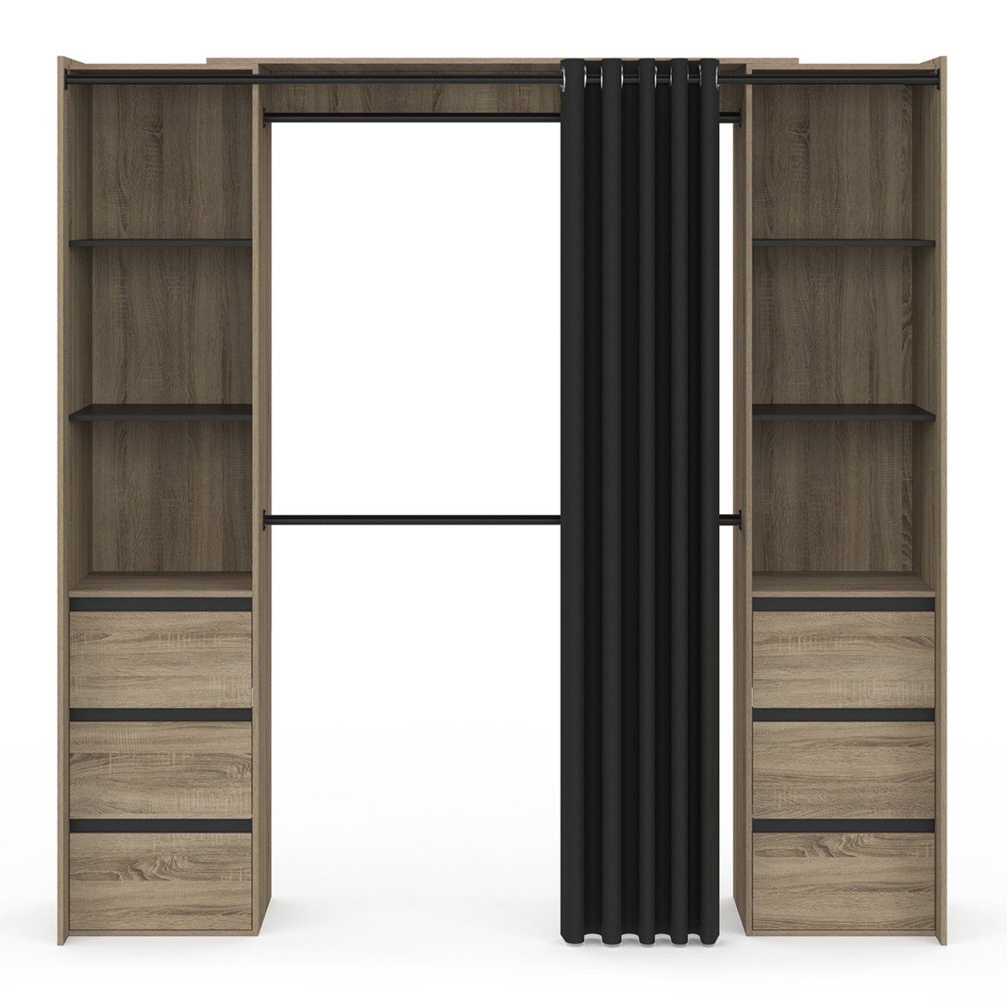 Dressing extensible double MERYL 120/180 cm hêtre avec 6 tiroirs + étagères + double penderie + rideau noir - 3
