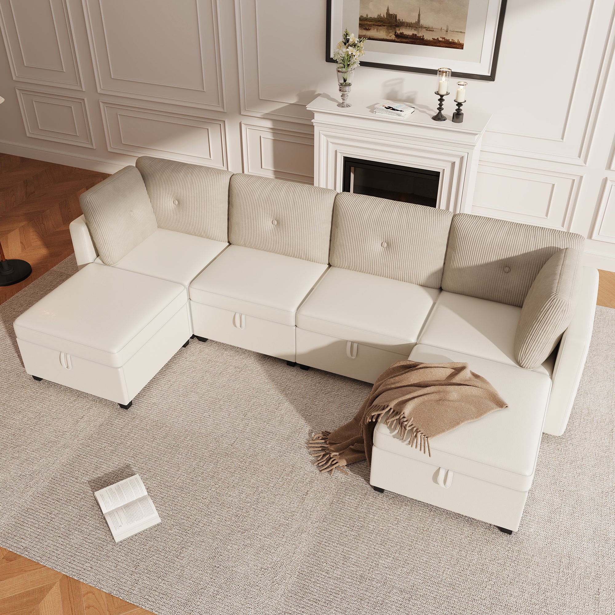 Canapé 6 places en forme de U - avec rangement - convertible multifonctionnel - velours + velours côtelé - beige - 2
