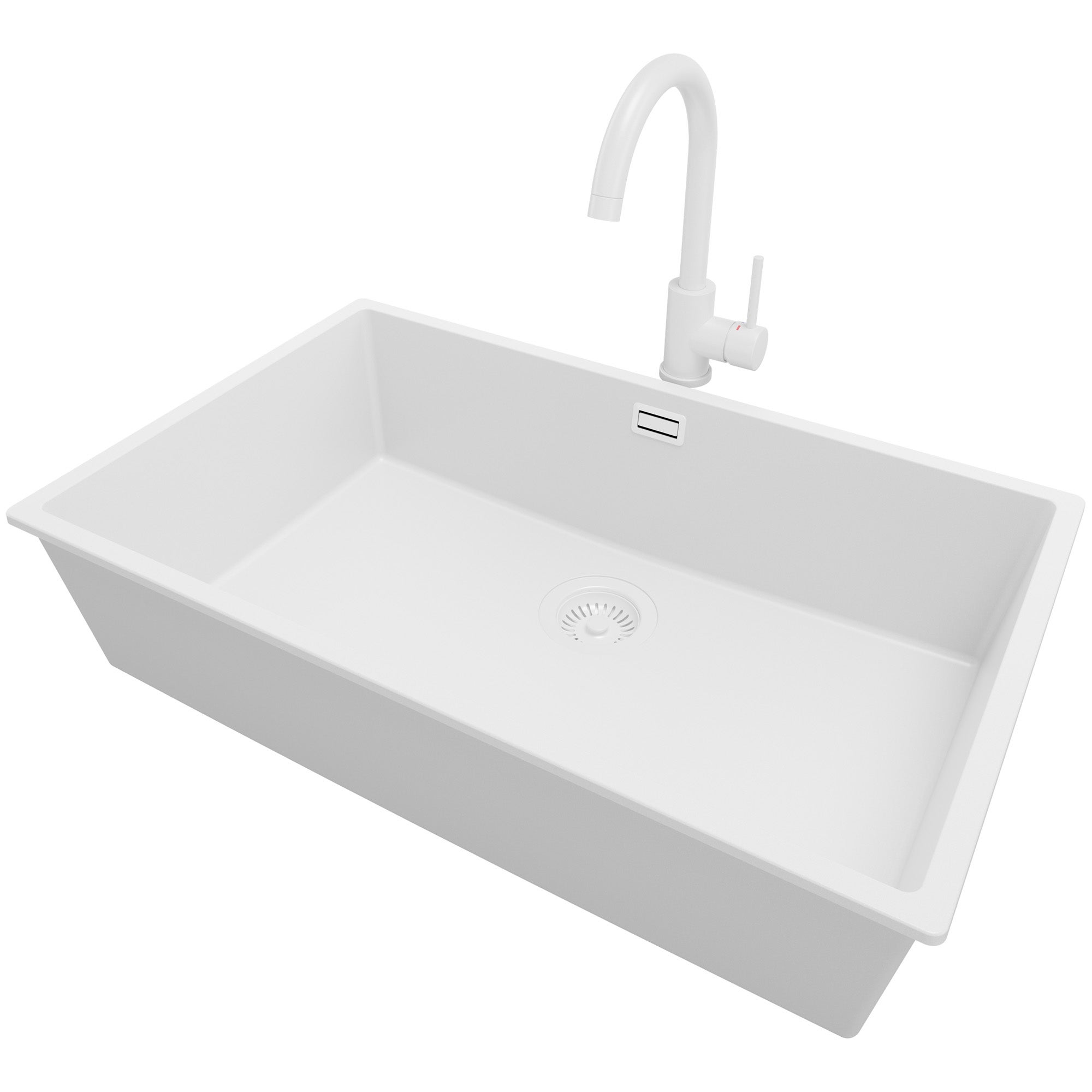 Zlewozmywak podblatowy Cały Biały 76x47cm, Zlew Kuchenny 1 Komorowy + Bateria 32x20cm + Syfon, do szafki od 80cm - Londyn PRIMAGRAN