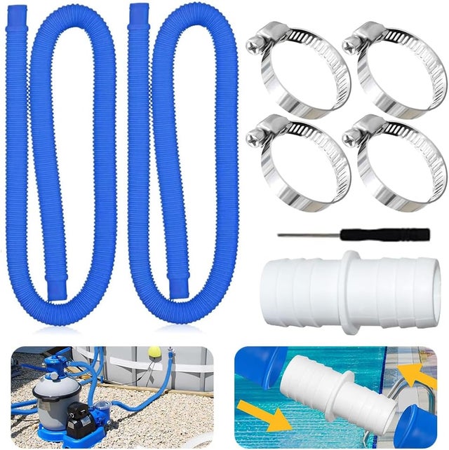 Lot de 2 tuyaux de 32 mm pour pompes de piscine avec 4 clips de sécurité et 1 raccord de tuyau, 150 cm 32 mm (bleu)