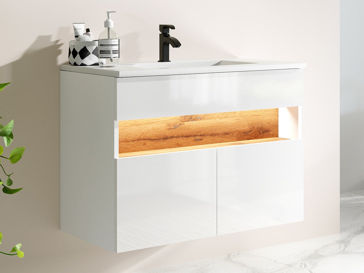 Szafka łazienkowa wisząca z oświetleniem LED i umywalką wpuszczaną w blat - Biały i naturalny ciemny - szer. 80 cm - POZEGA